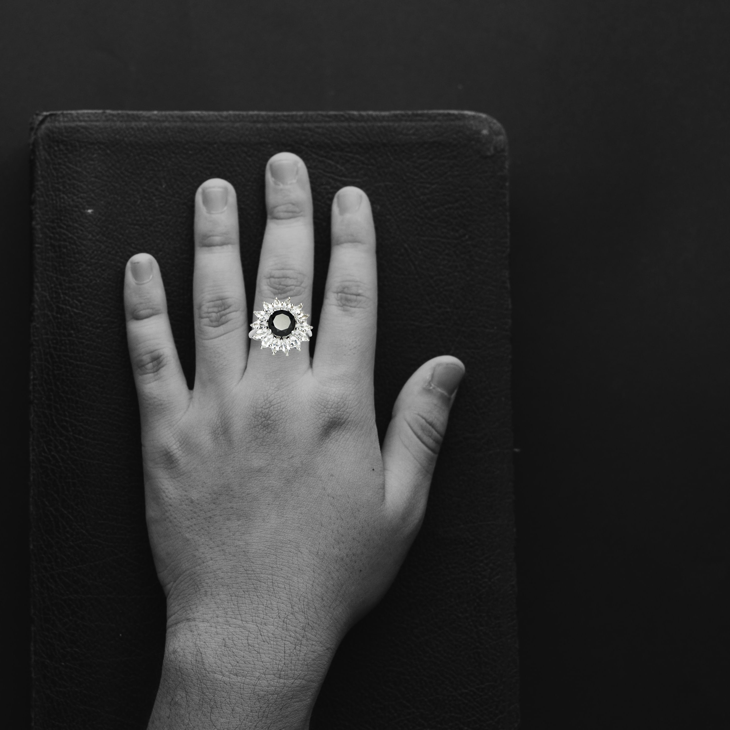 Black Spinel and White Topaz Ring