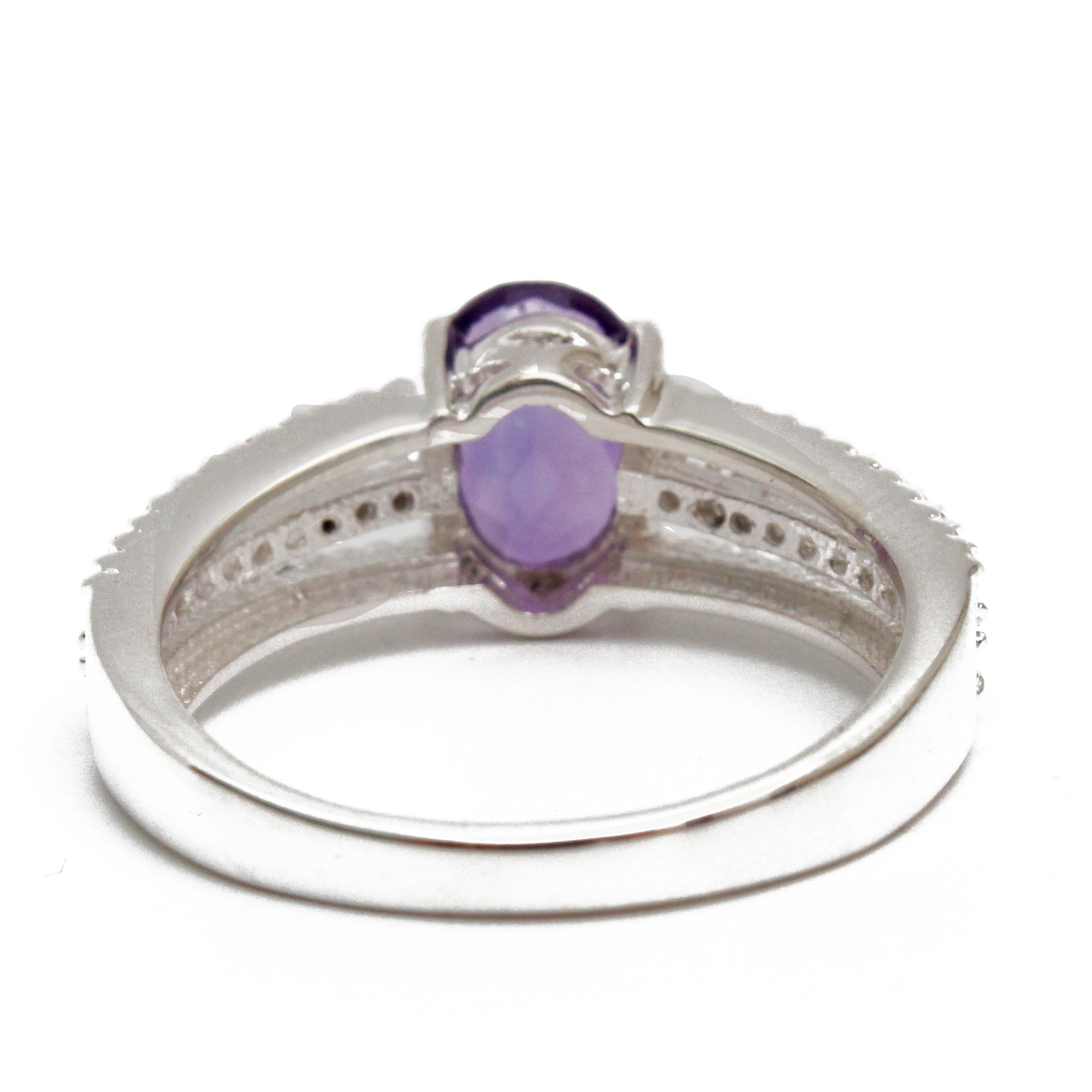 925 Sterling Silver Oval Amethyst Ring – Triple Band Design with CZ Detailing