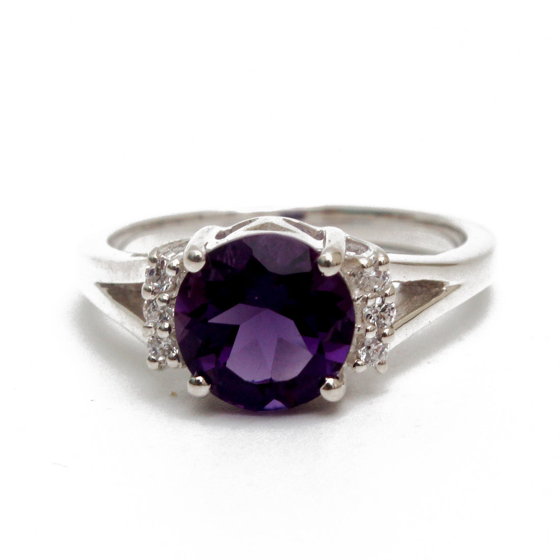 925 Sterling Silver Round Amethyst Ring with Sparkling CZ Accents