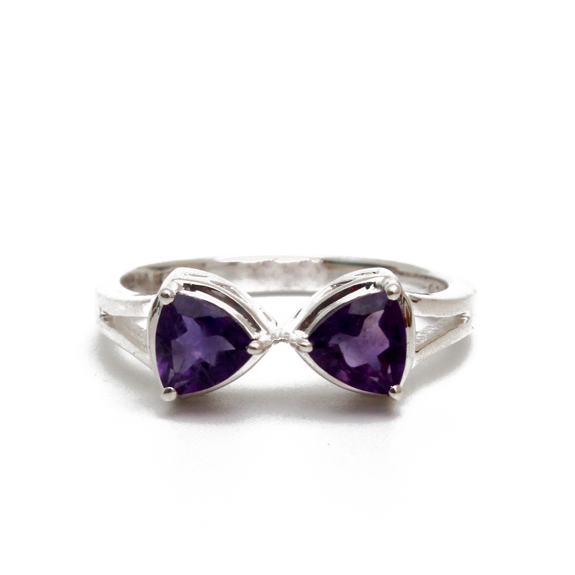 925 Sterling Silver Twin Trillion Cut Amethyst Ring – Elegant Bow Design