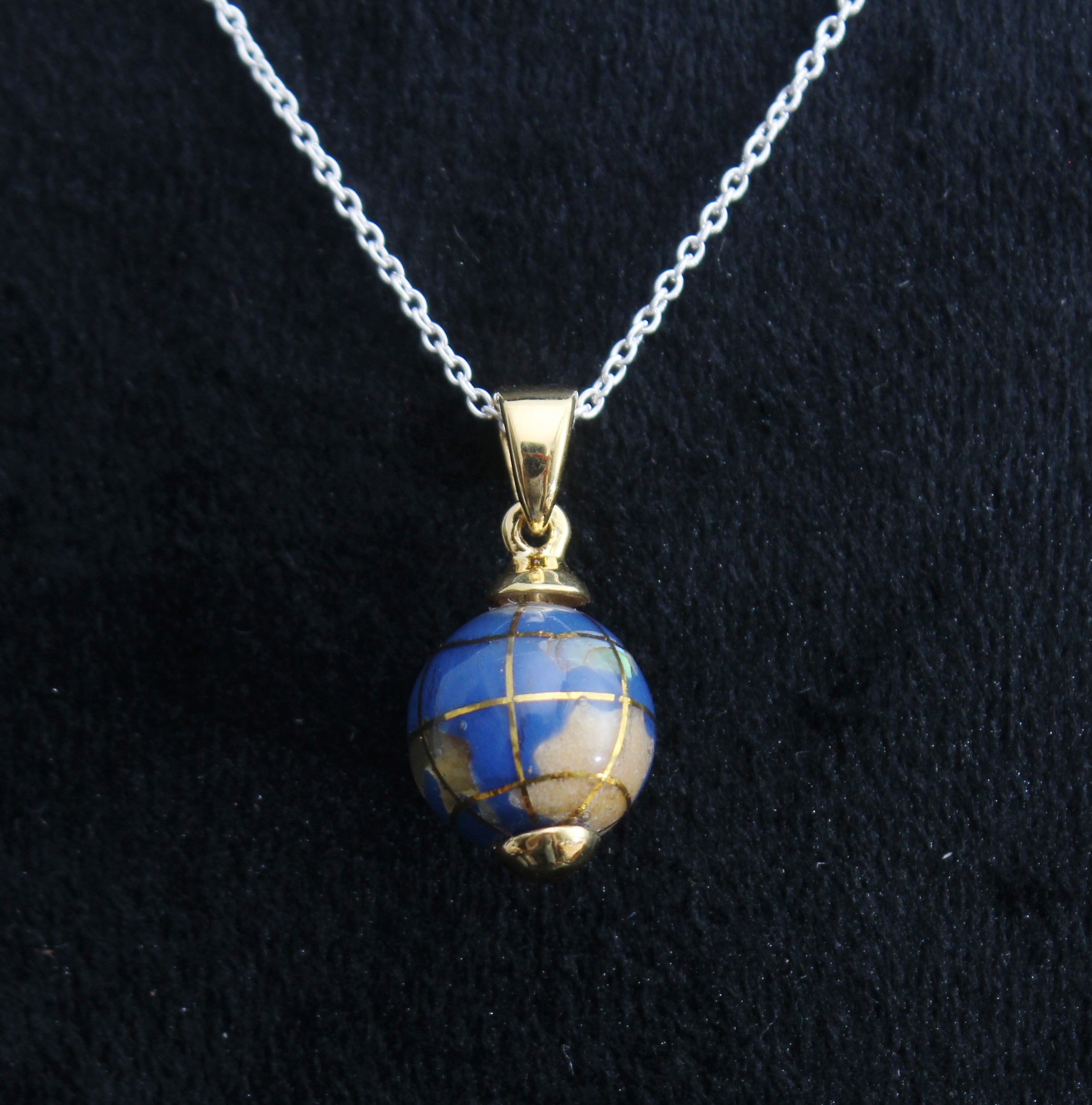 Lapis Lazuli Bead Ball Pendant With Gold Rhodium