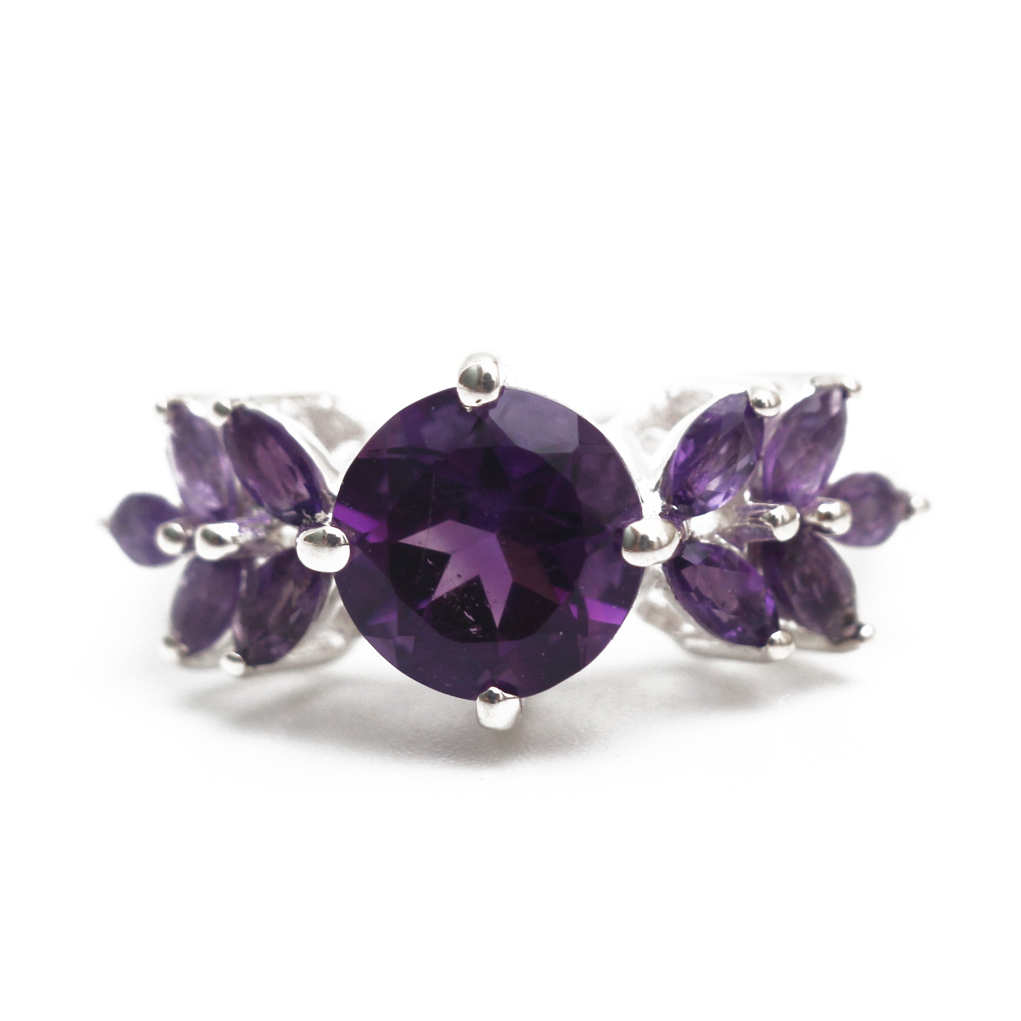 Amethyst Ring Floral Cluster Design with Round & Marquise Cut Gemstones