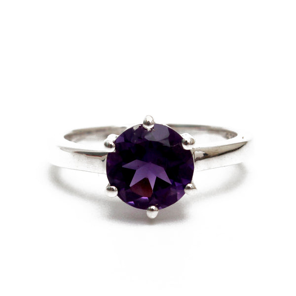 925 Sterling Silver Round Solitaire Amethyst Ring – Classic Ring for Women