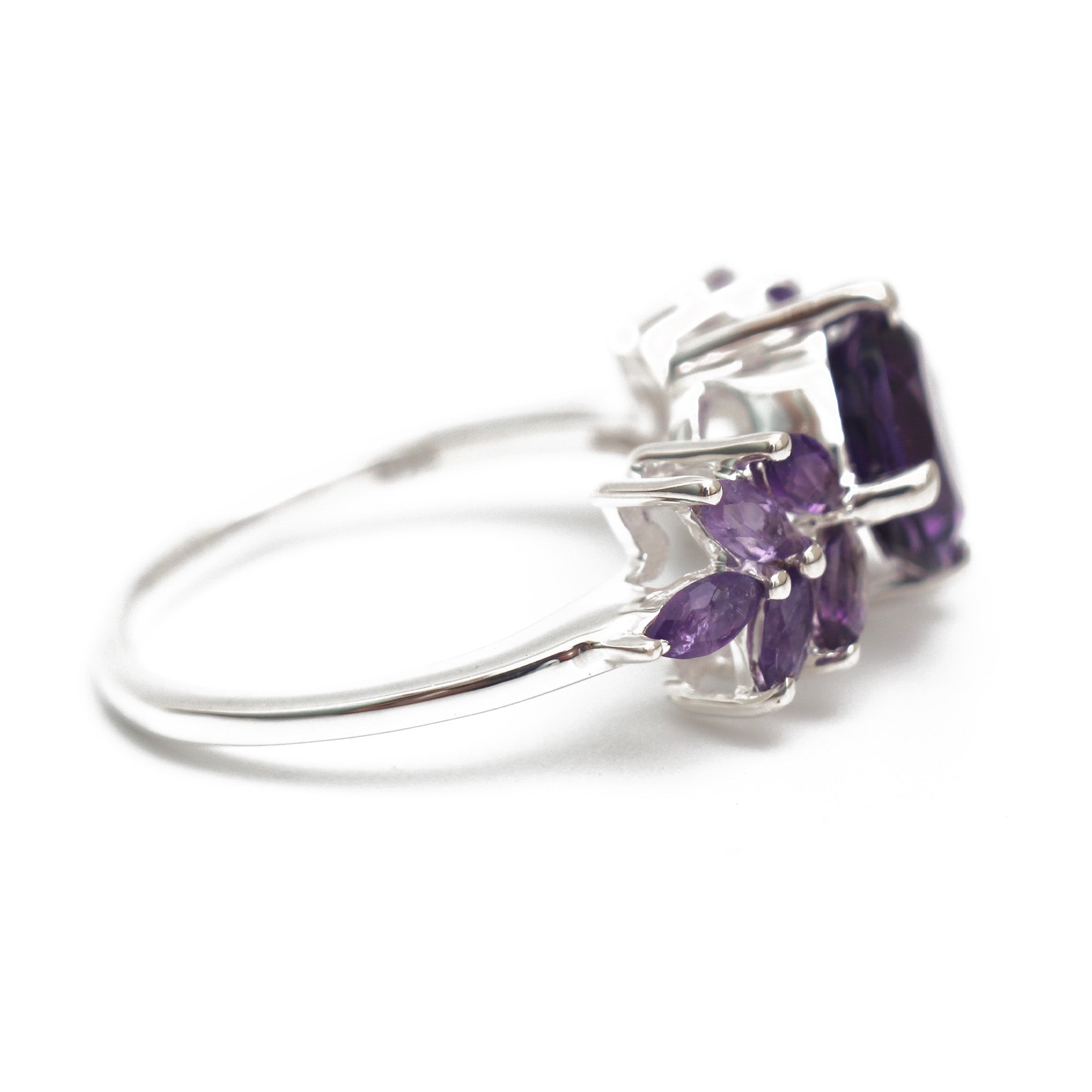 Amethyst Ring Floral Cluster Design with Round & Marquise Cut Gemstones