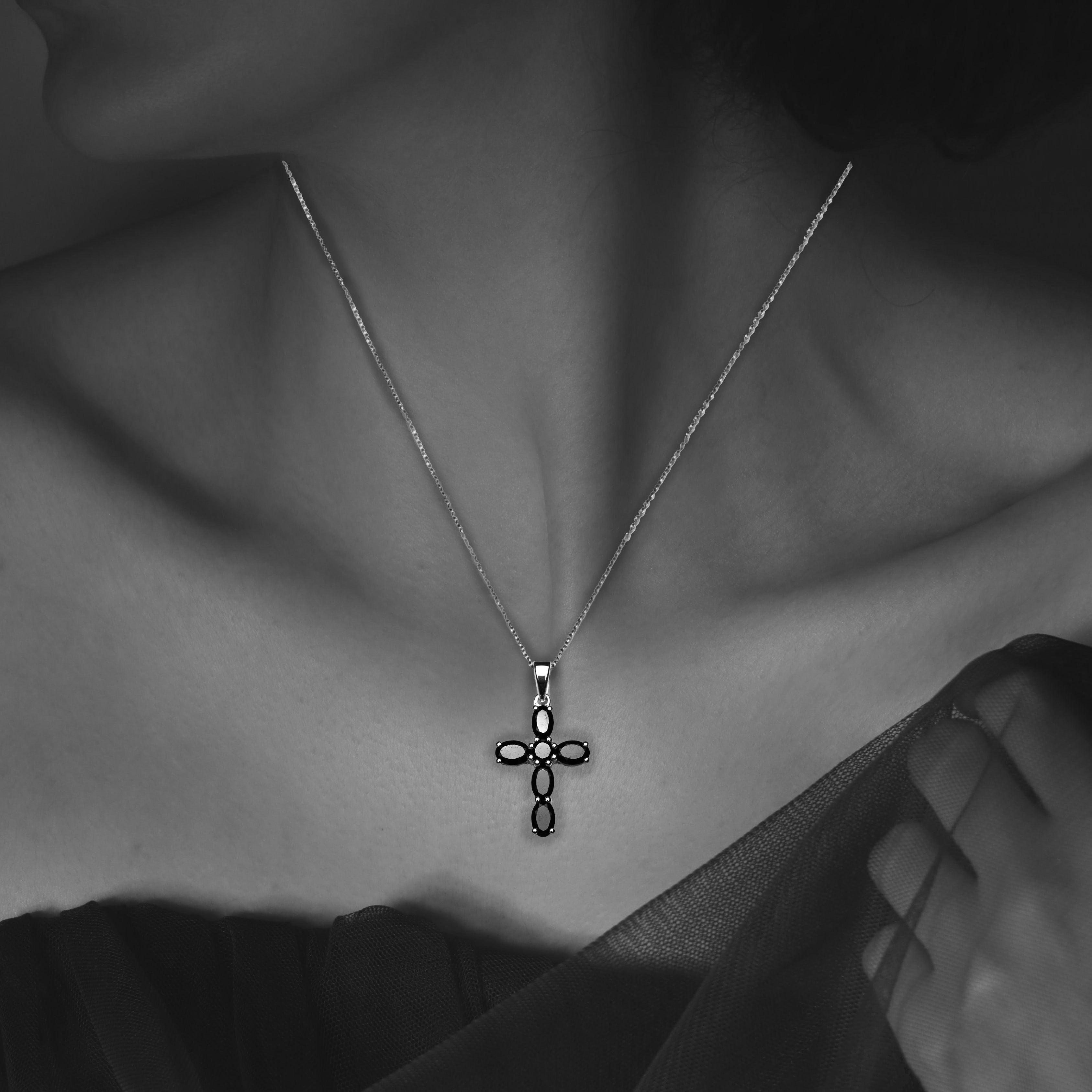 Black Spinel Oval Gemstone Cross Pendant