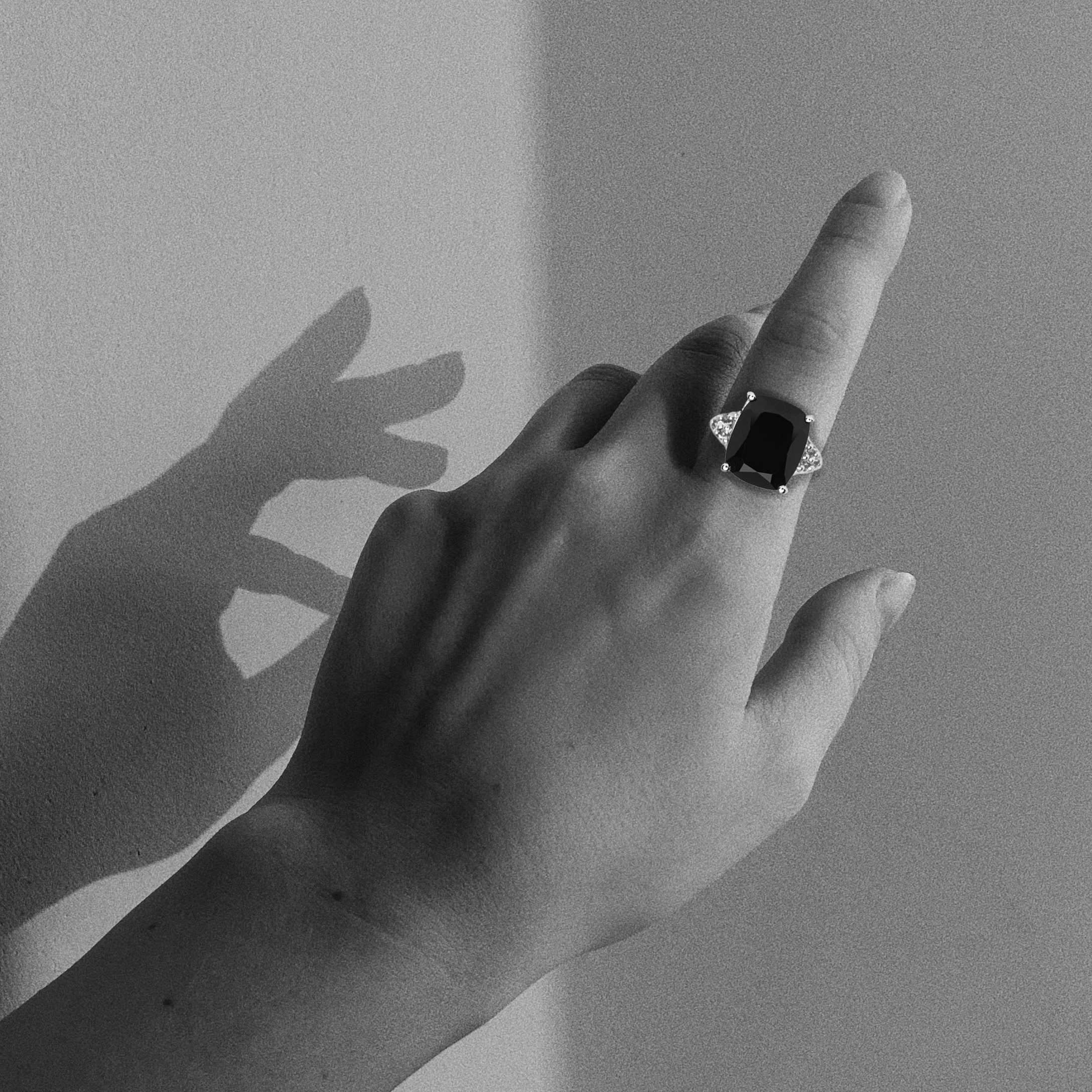 Black Spinel and White Topaz Ring