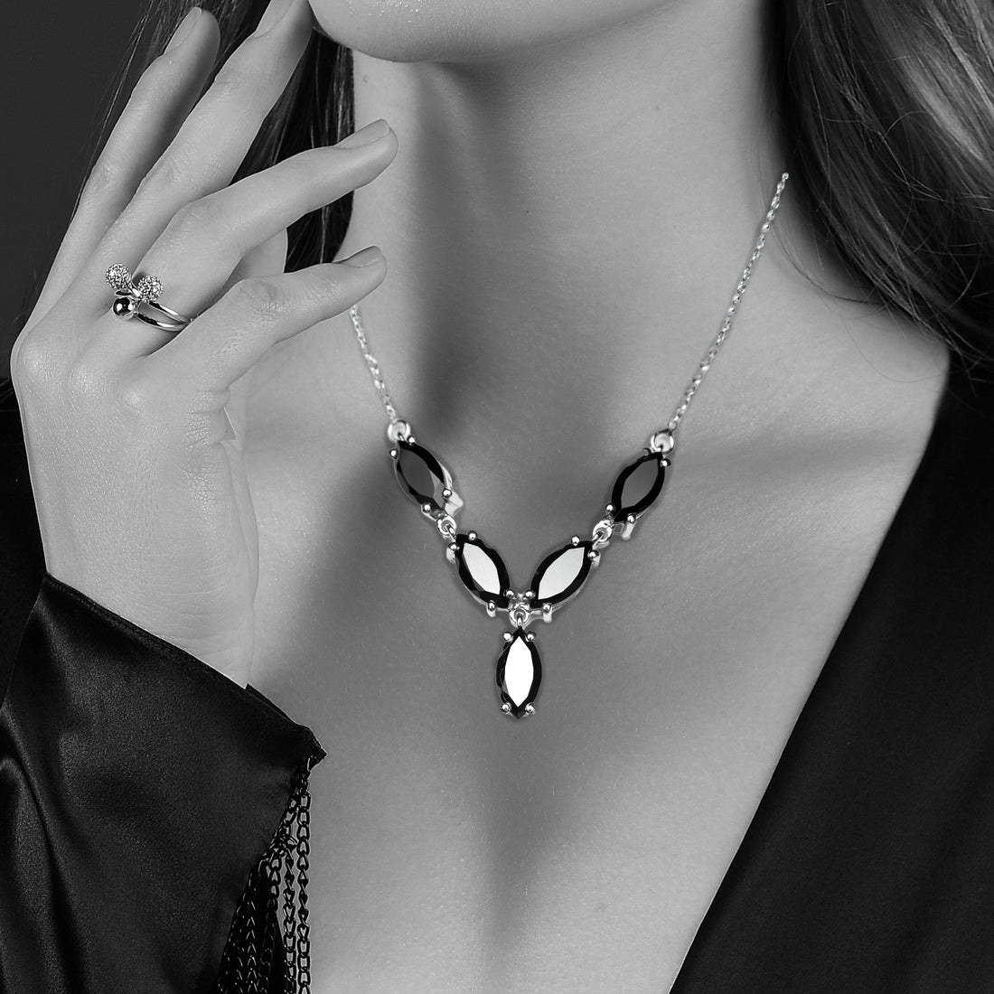 Black Spinel Marquise Shape Gemstone Necklace