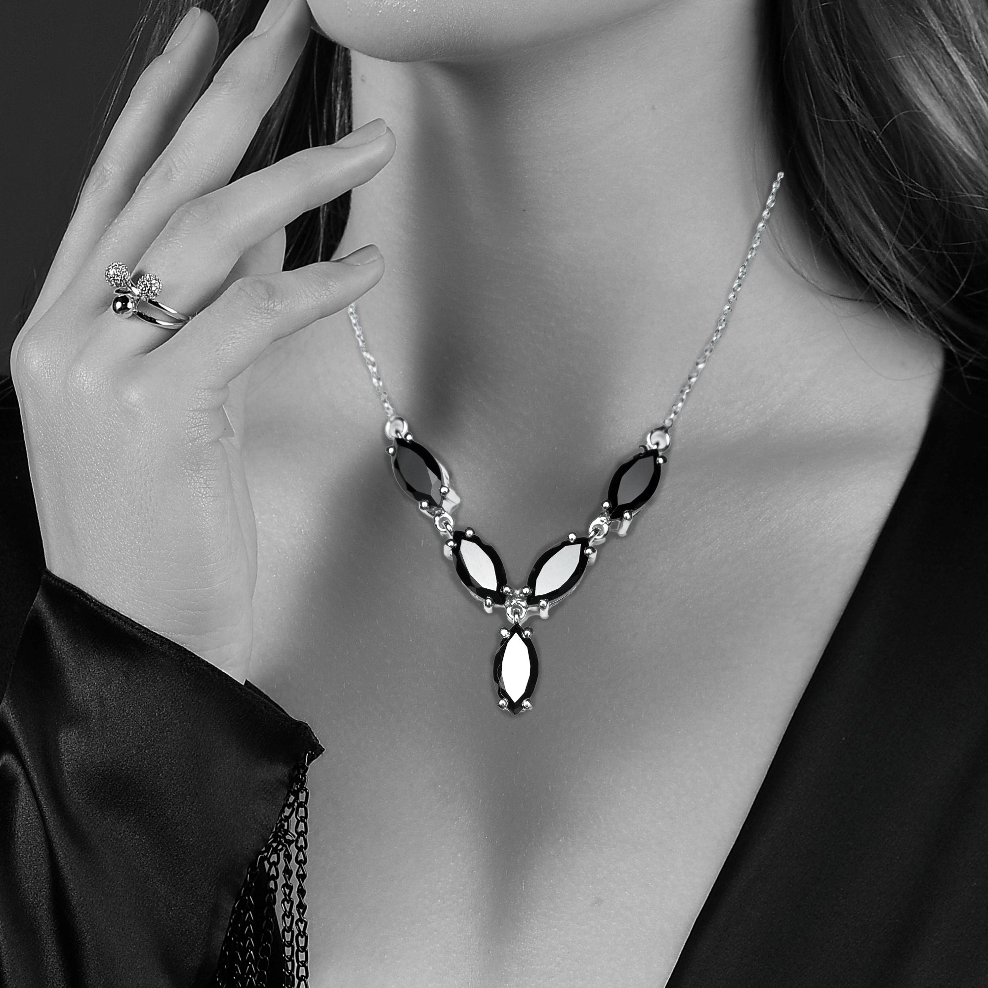 Black Spinel Marquise Shape Gemstone Necklace