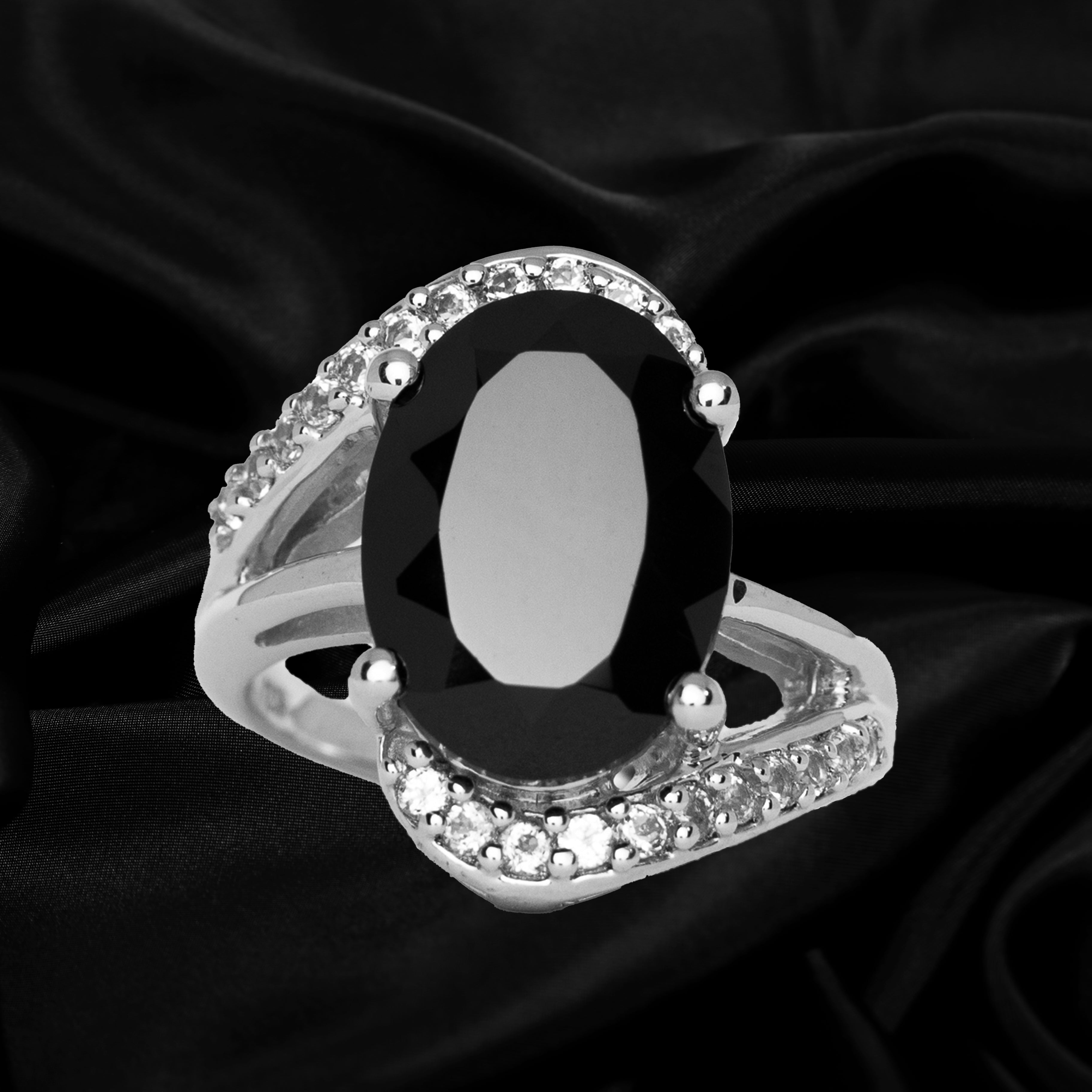 Black Spinel and White Topaz Ring