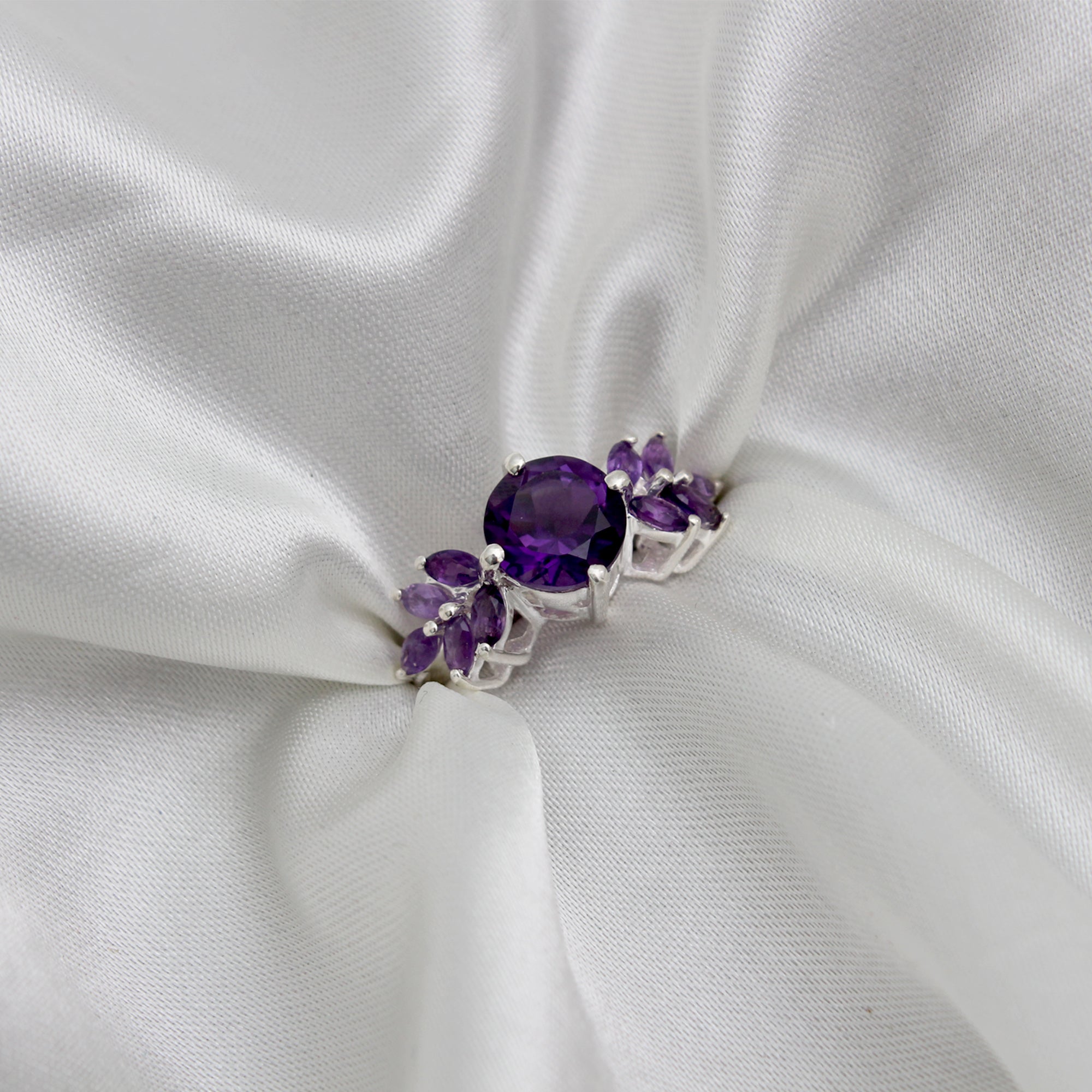 Amethyst Ring Floral Cluster Design with Round & Marquise Cut Gemstones