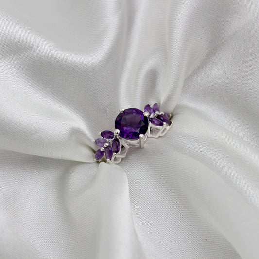Amethyst Ring Floral Cluster Design with Round & Marquise Cut Gemstones