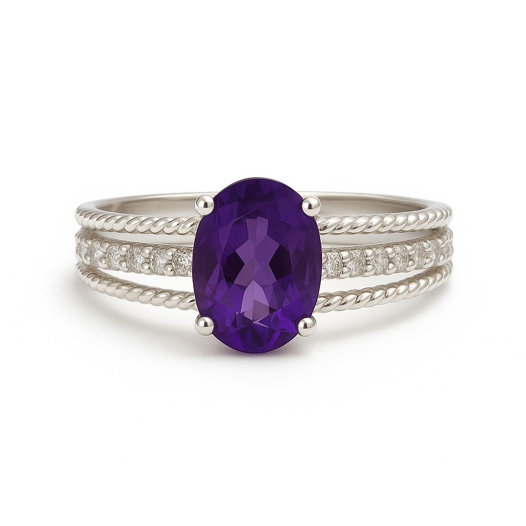 925 Sterling Silver Oval Amethyst Ring – Triple Band Design with CZ Detailing