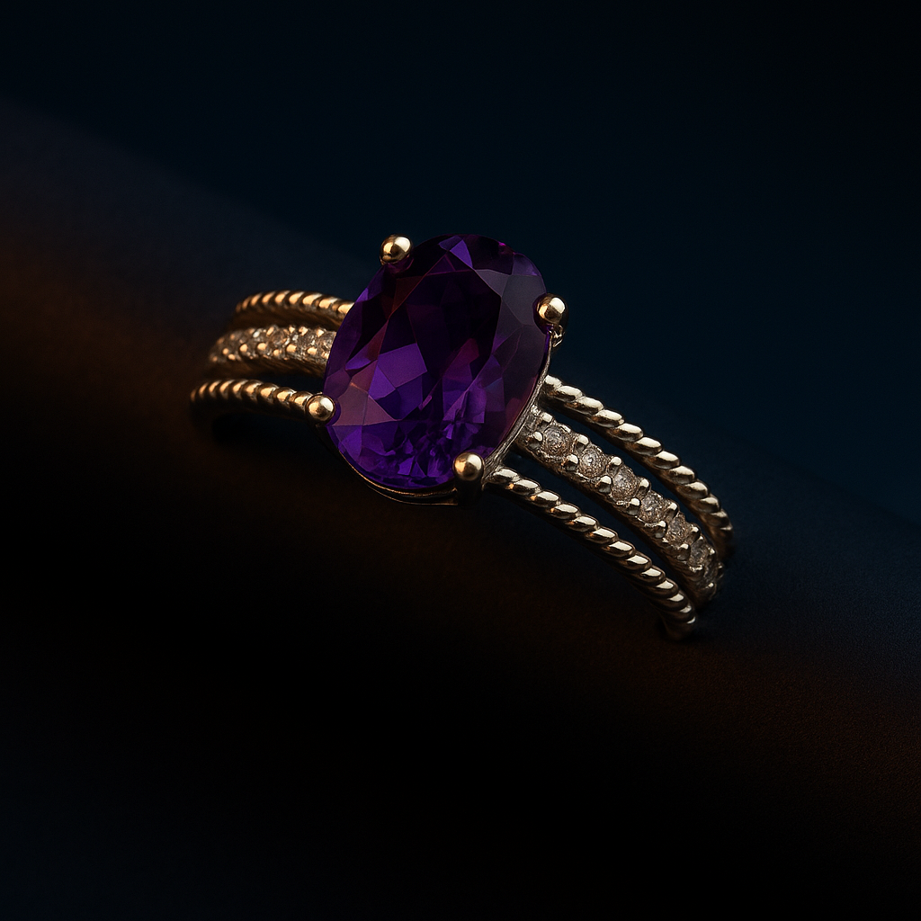 925 Sterling Silver Oval Amethyst Ring – Triple Band Design with CZ Detailing