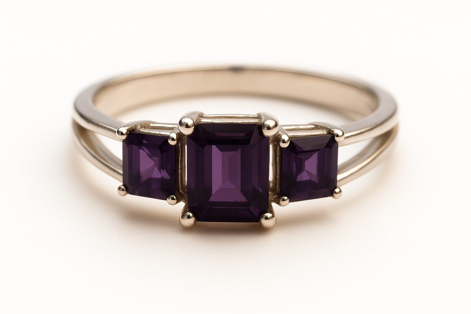 925 Sterling Silver Three-Stone Amethyst Ring