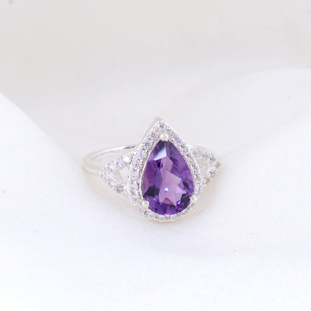 Pear Natural Amethyst and Zircon Ring