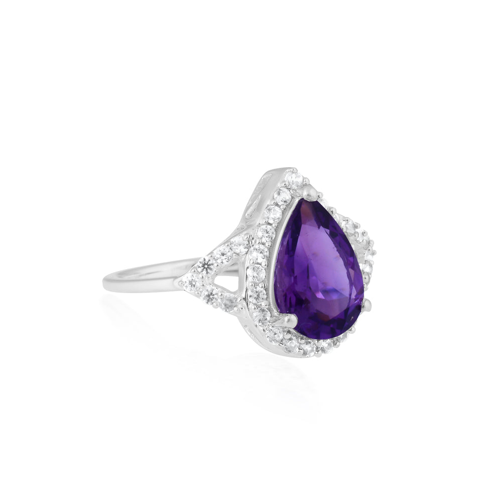 Pear Natural Amethyst and Zircon Ring