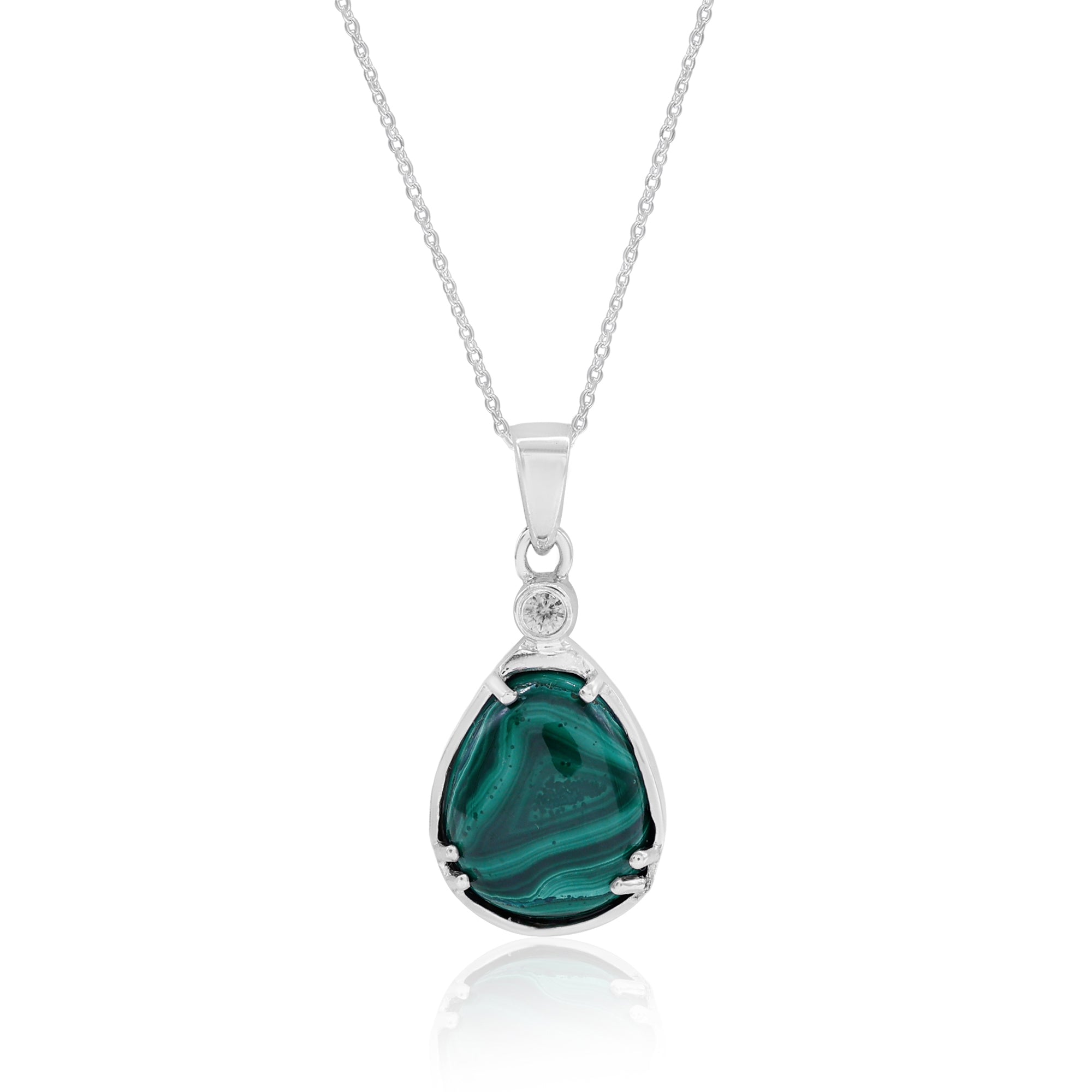 Green Malachite Pear Cabochon Pendant with Chain