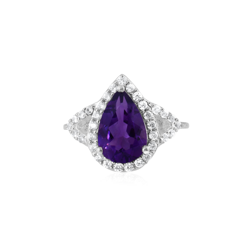 Pear Natural Amethyst and Zircon Ring