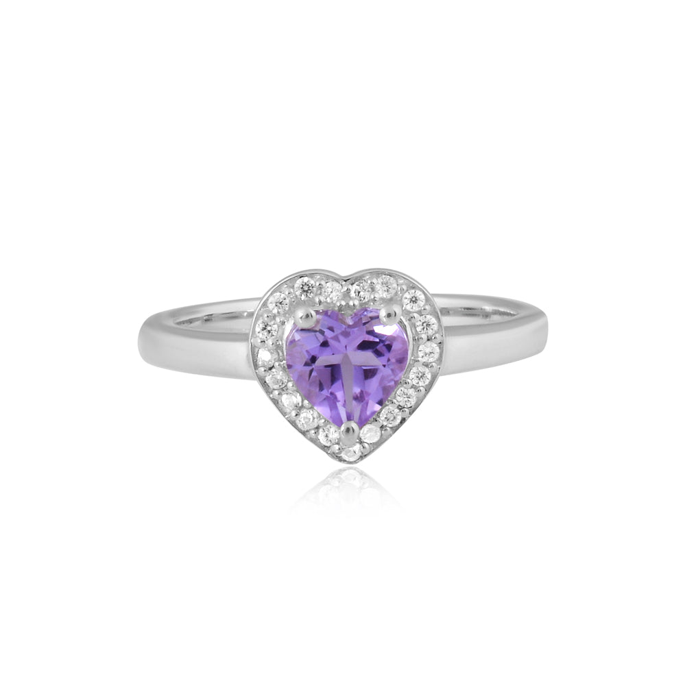 Purple heart natural amethyst Ring with white natural zircons
