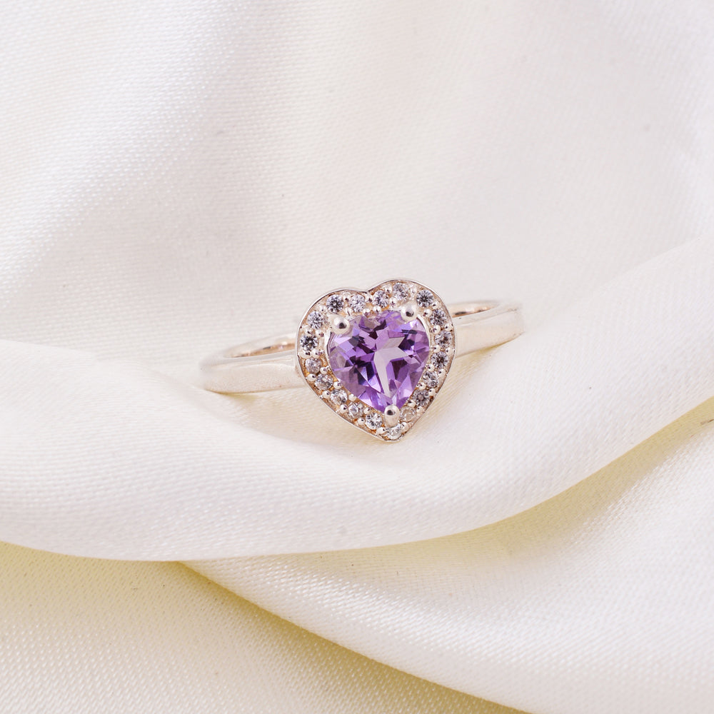 Purple heart natural amethyst Ring with white natural zircons