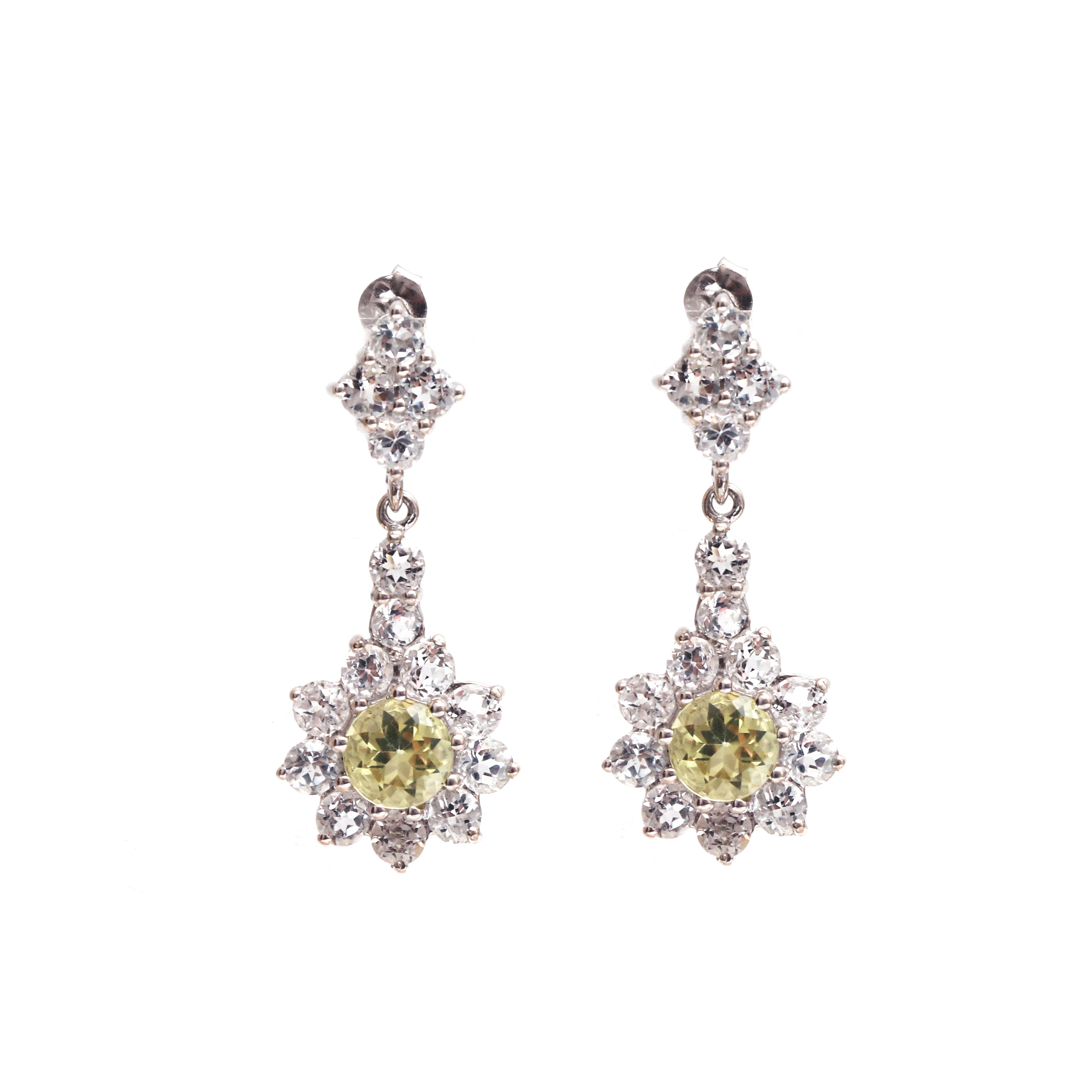 Golden Beryl and White Topaz Floral Dangle Earrings