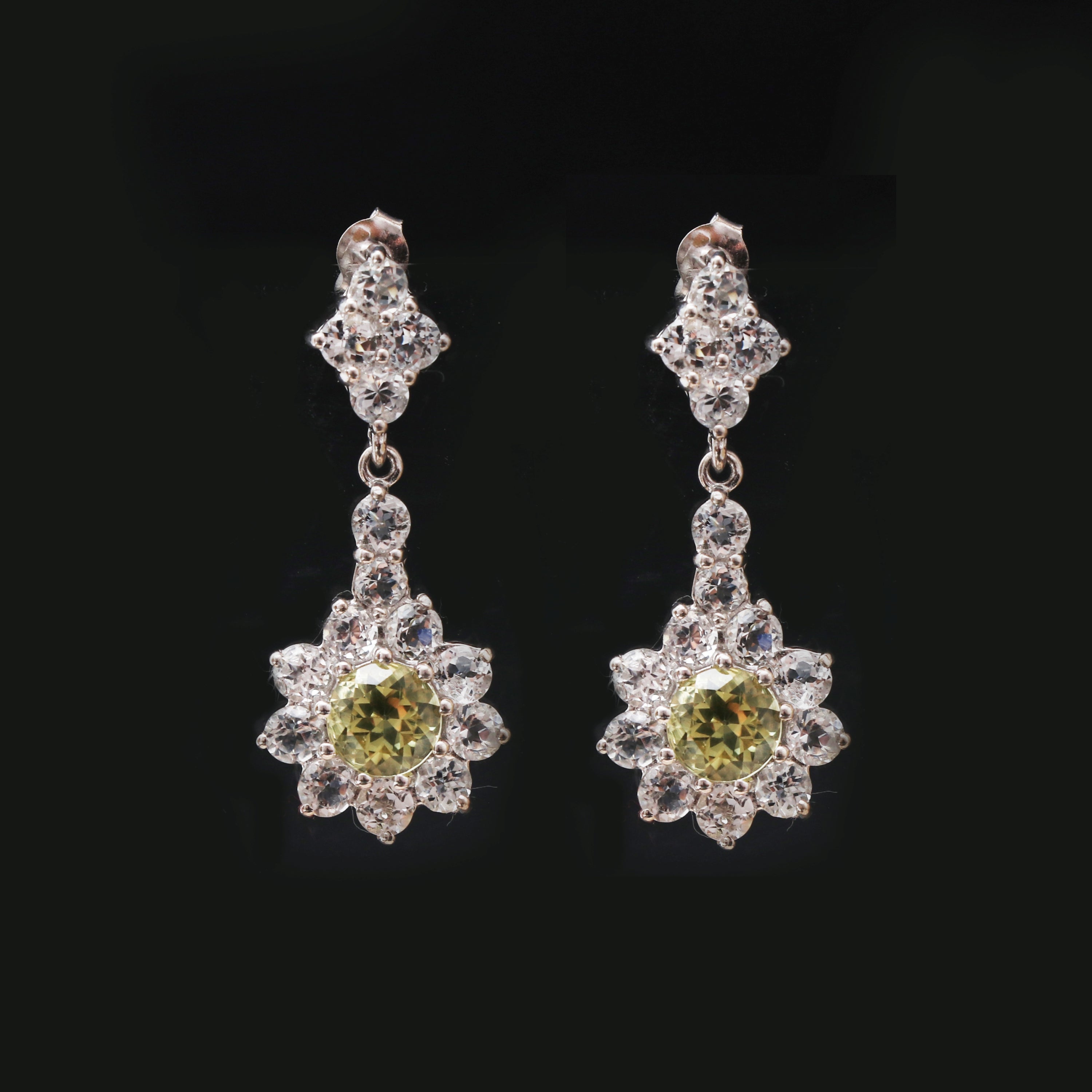 Golden Beryl and White Topaz Floral Dangle Earrings