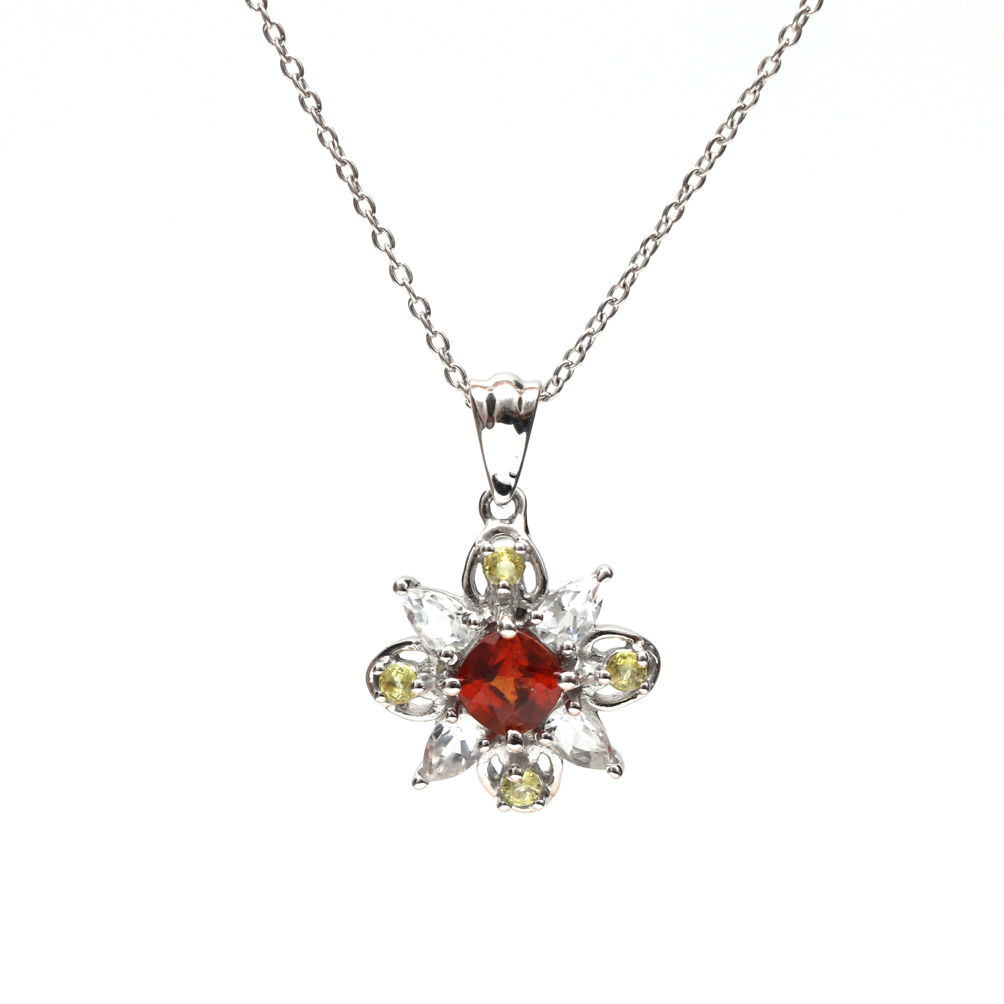 Garnet Sphene Topaz Floral Pendant With Chain