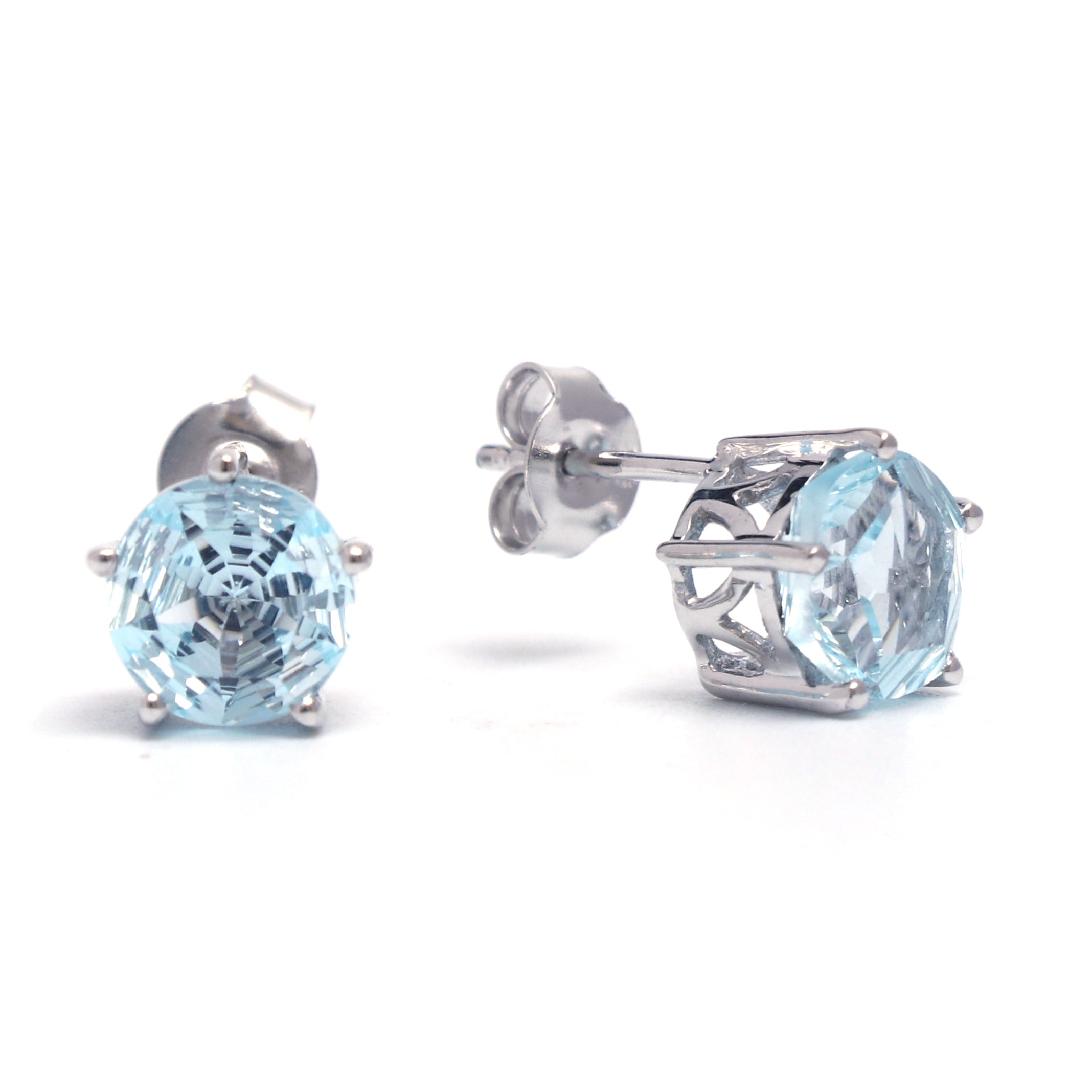 Round Blue Topaz Stat Cut Gemstone Stud Earring