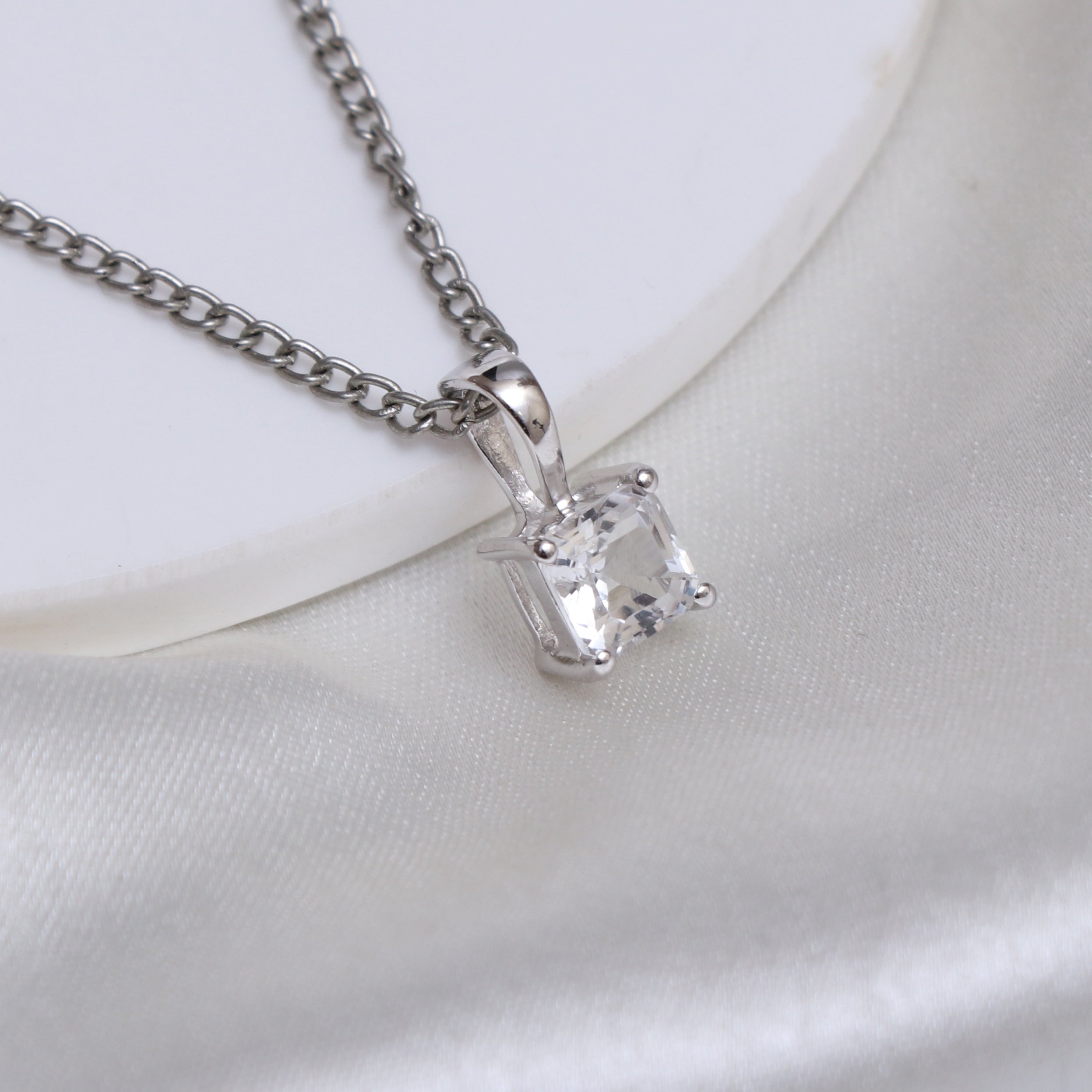 White Topaz Cushion Pendant With Chain