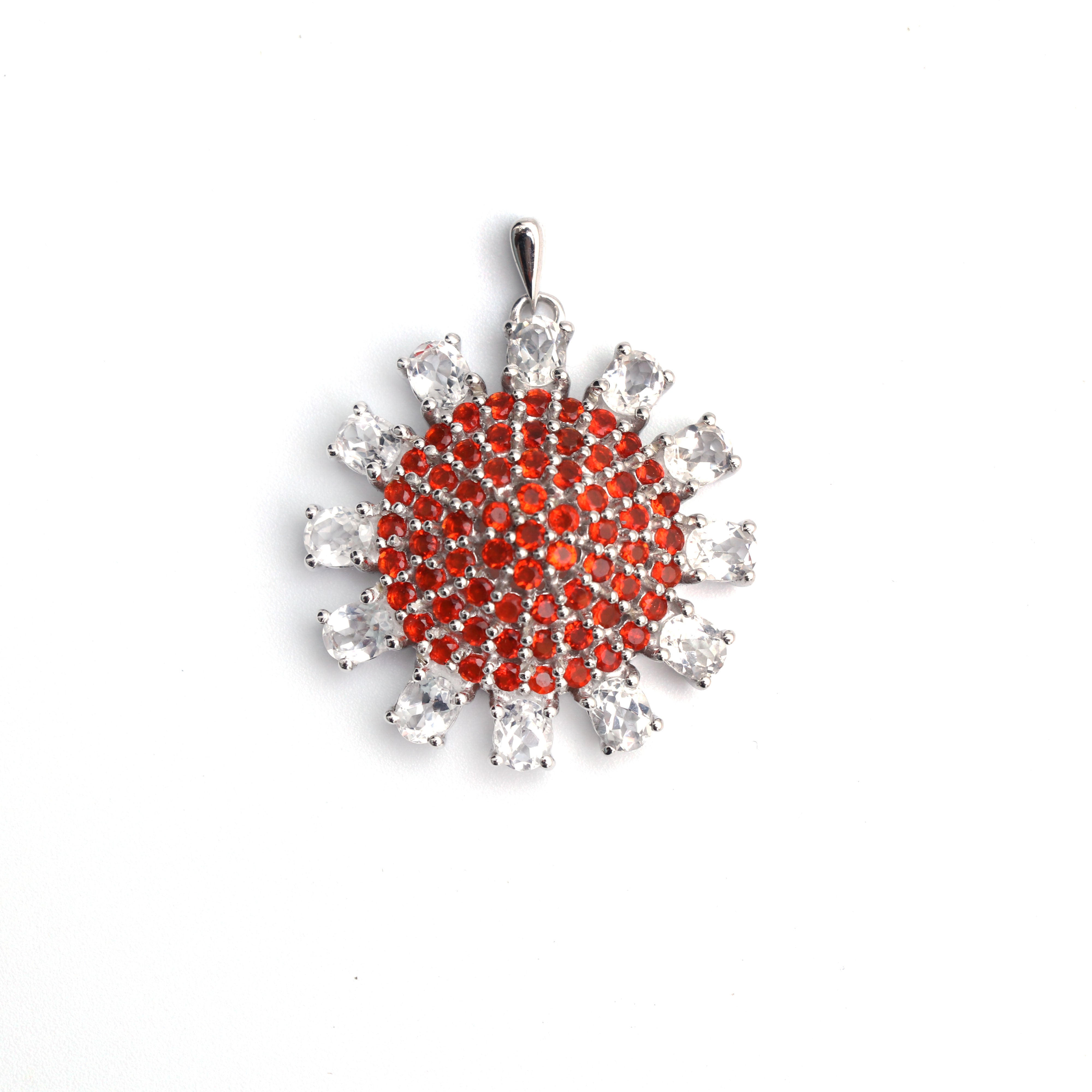 Fire Opal and White Topaz Floral Pendant