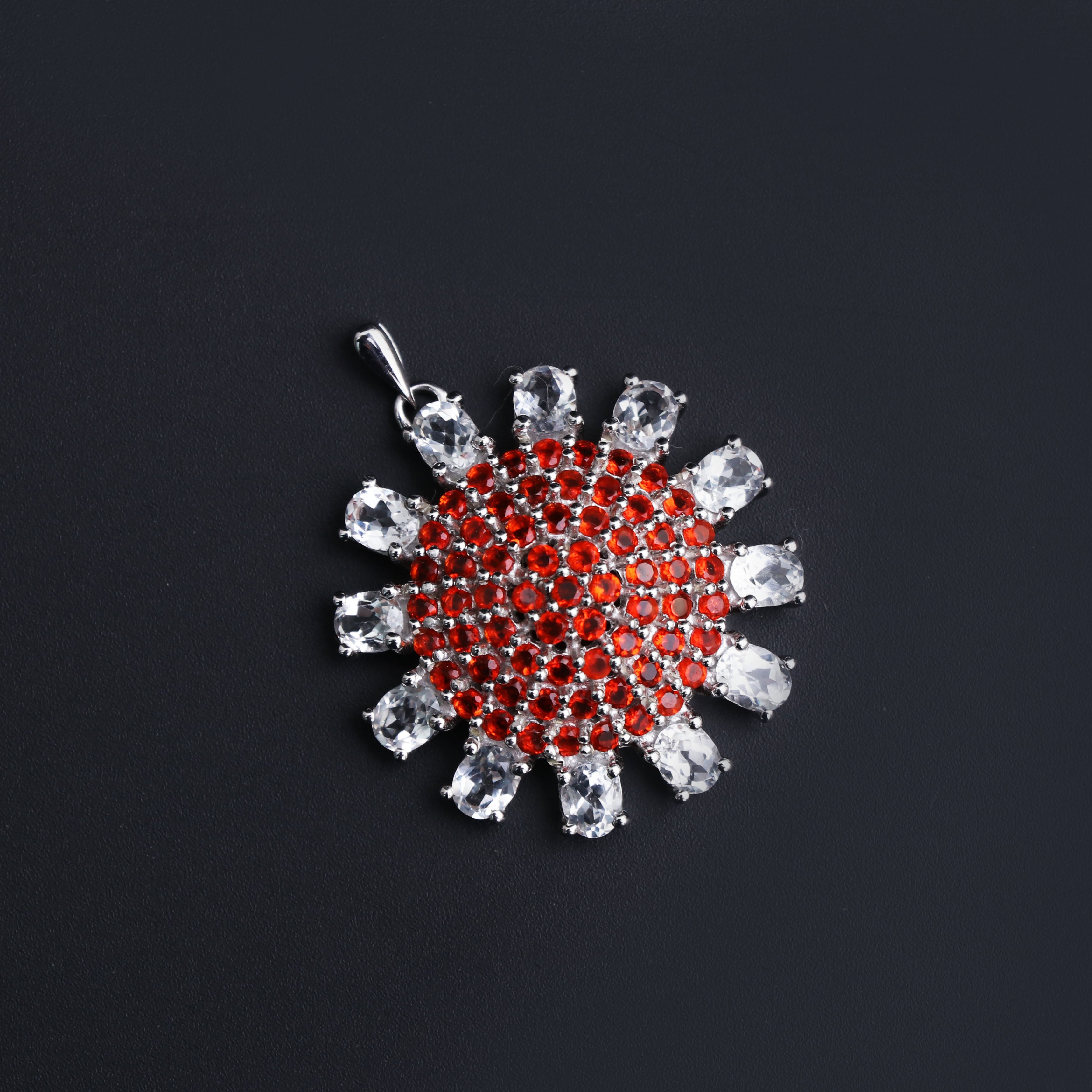 Fire Opal and White Topaz Floral Pendant