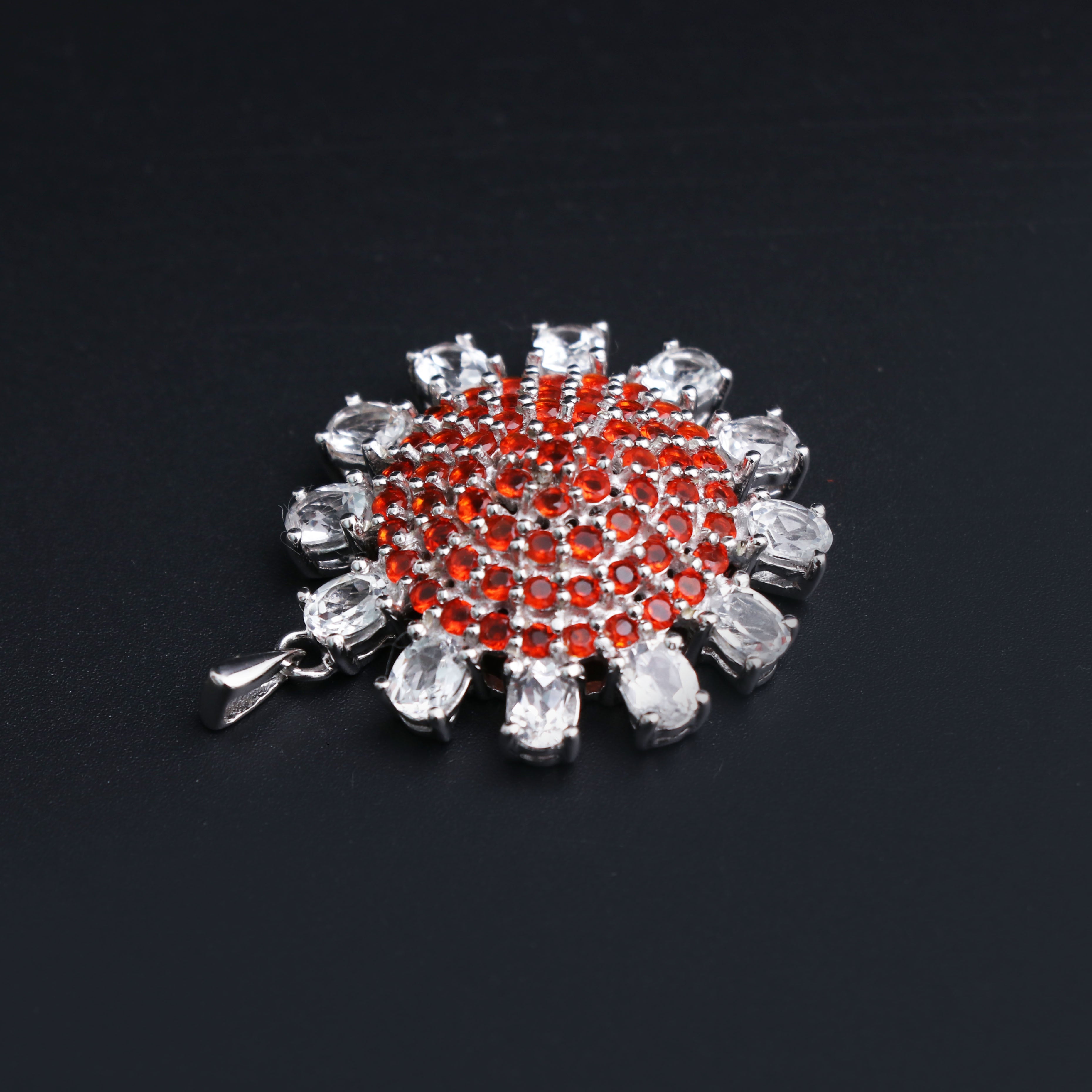 Fire Opal and White Topaz Floral Pendant