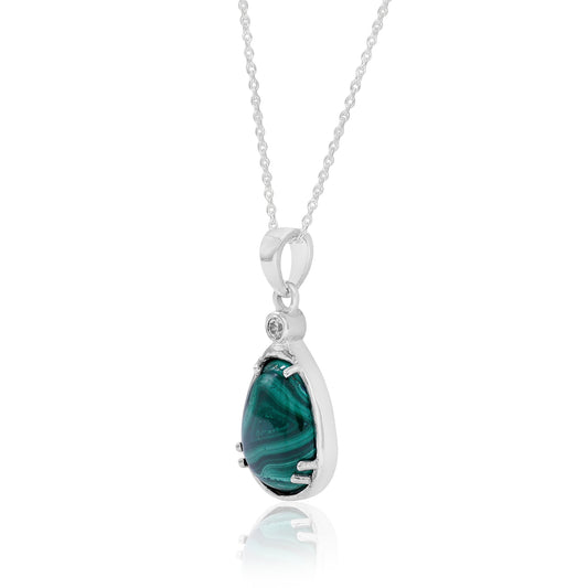 Green Malachite Pear Cabochon Pendant with Chain