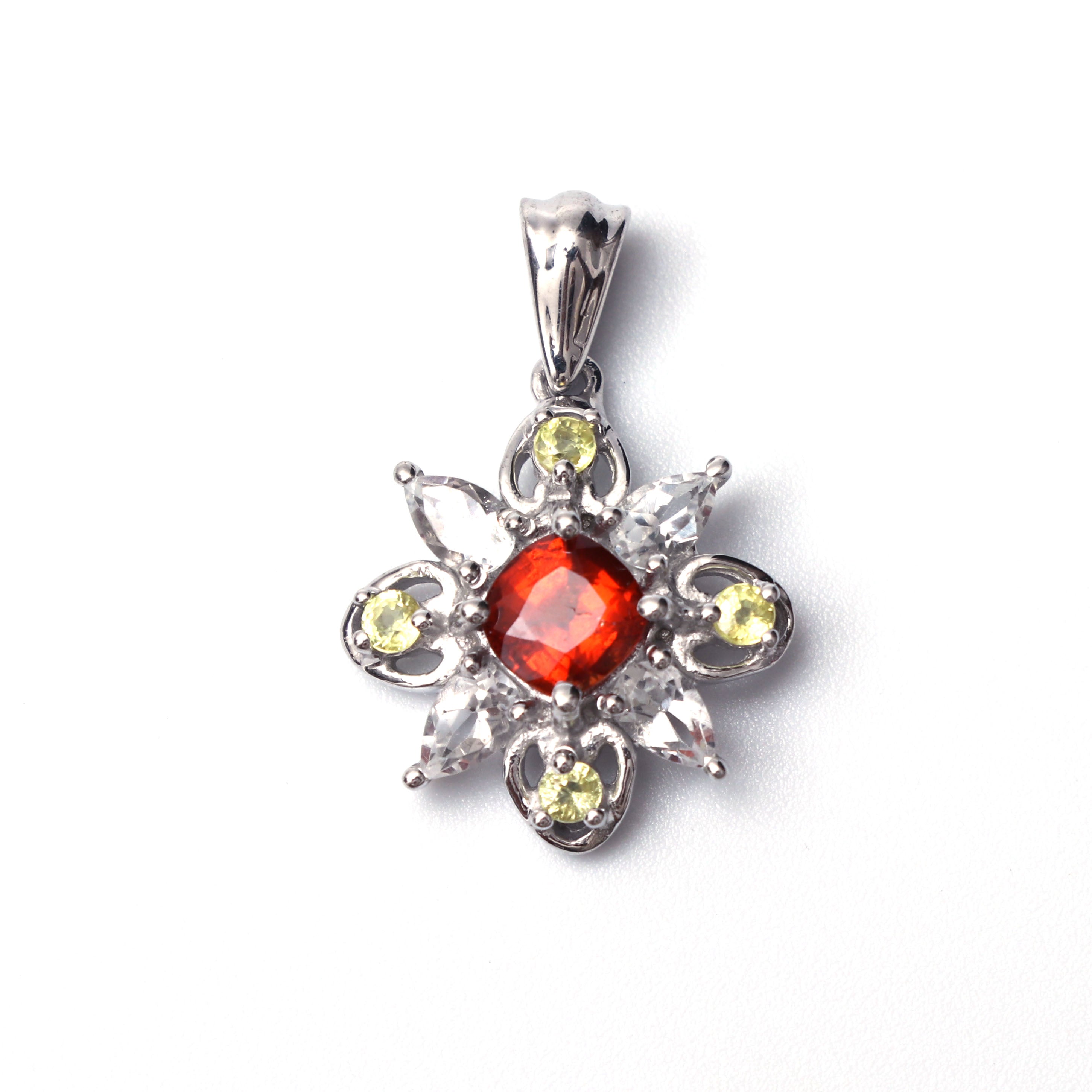 Garnet Sphene Topaz Floral Pendant With Chain