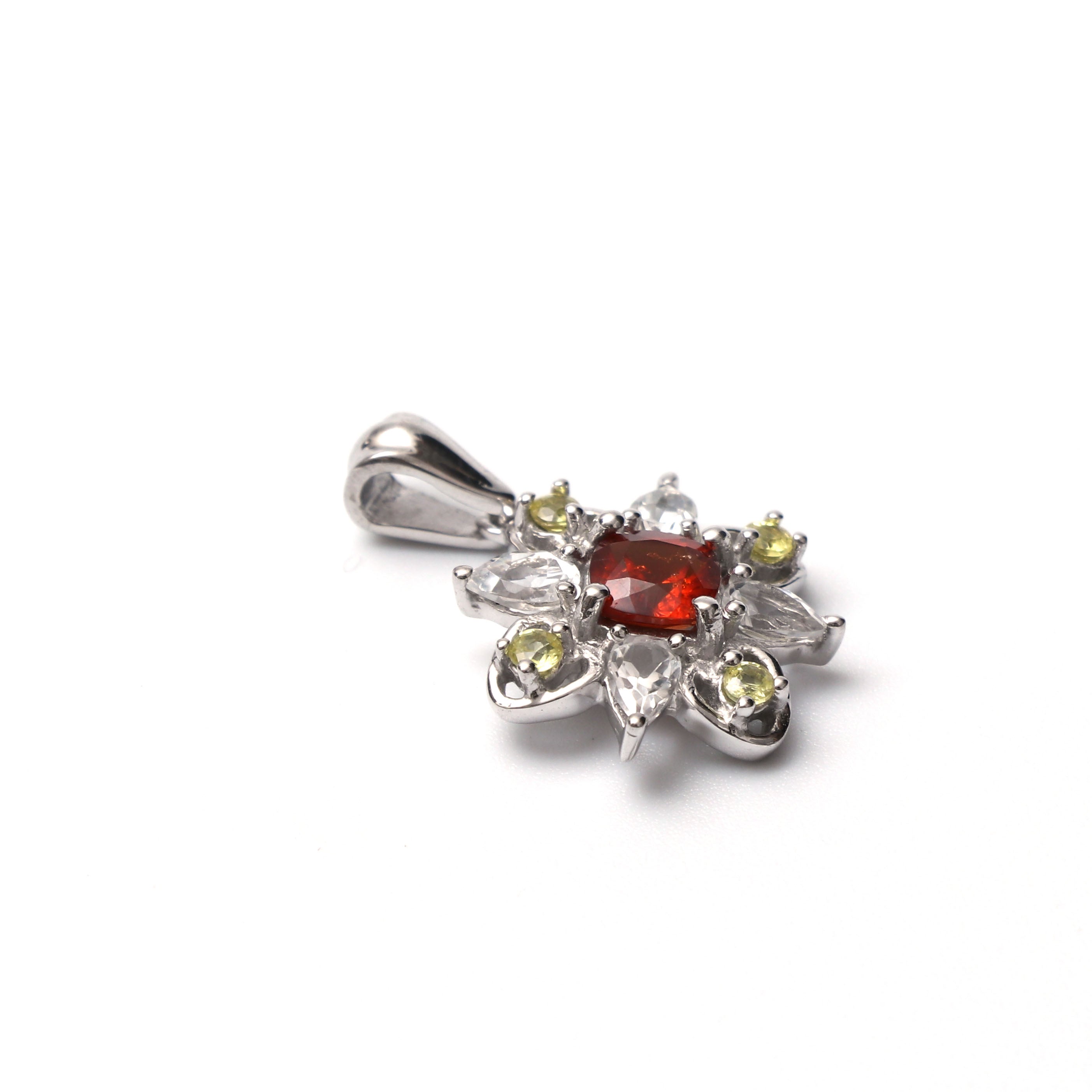 Garnet Sphene Topaz Floral Pendant With Chain