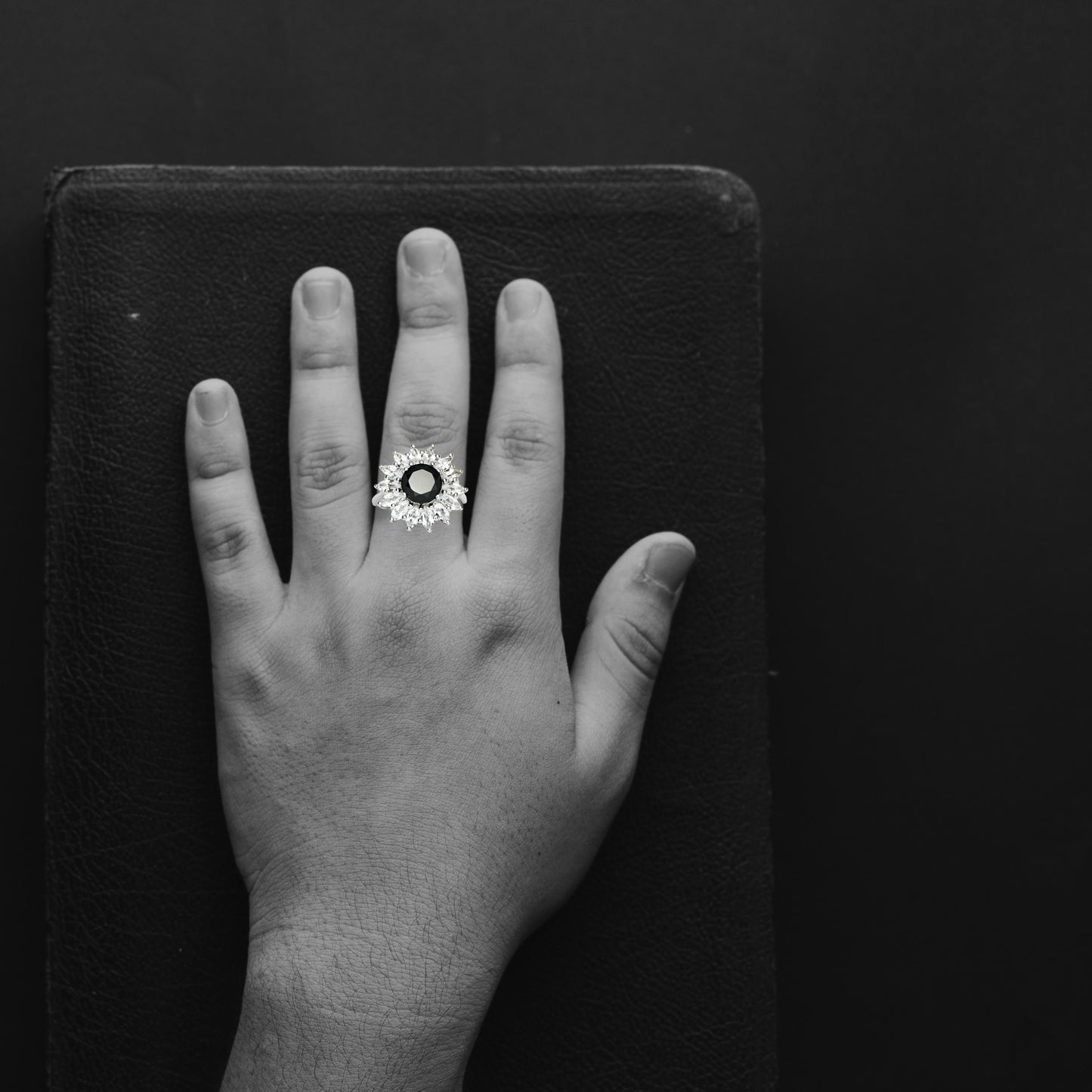 Black Spinel and White Topaz Ring