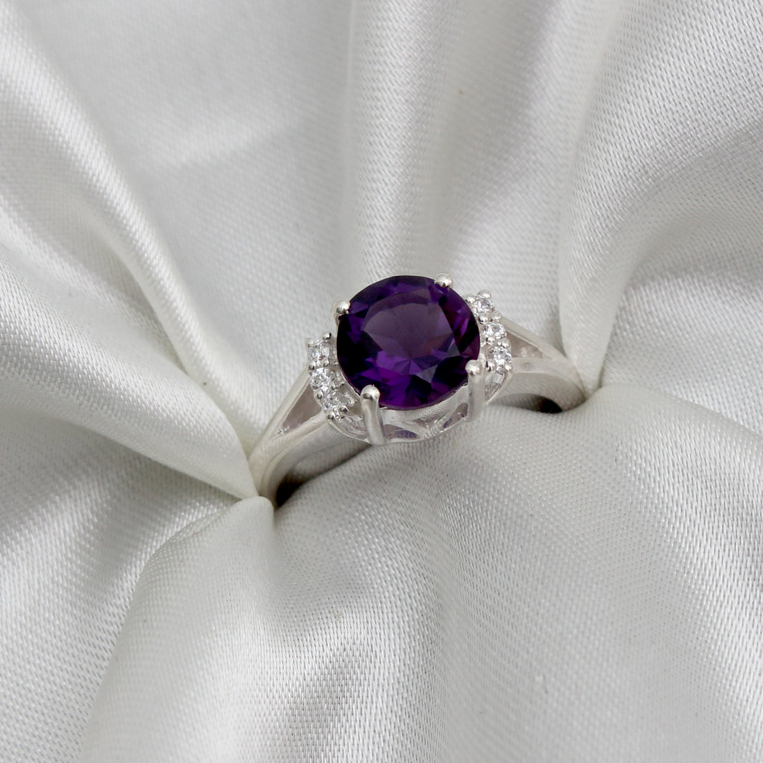925 Sterling Silver Round Amethyst Ring with Sparkling CZ Accents