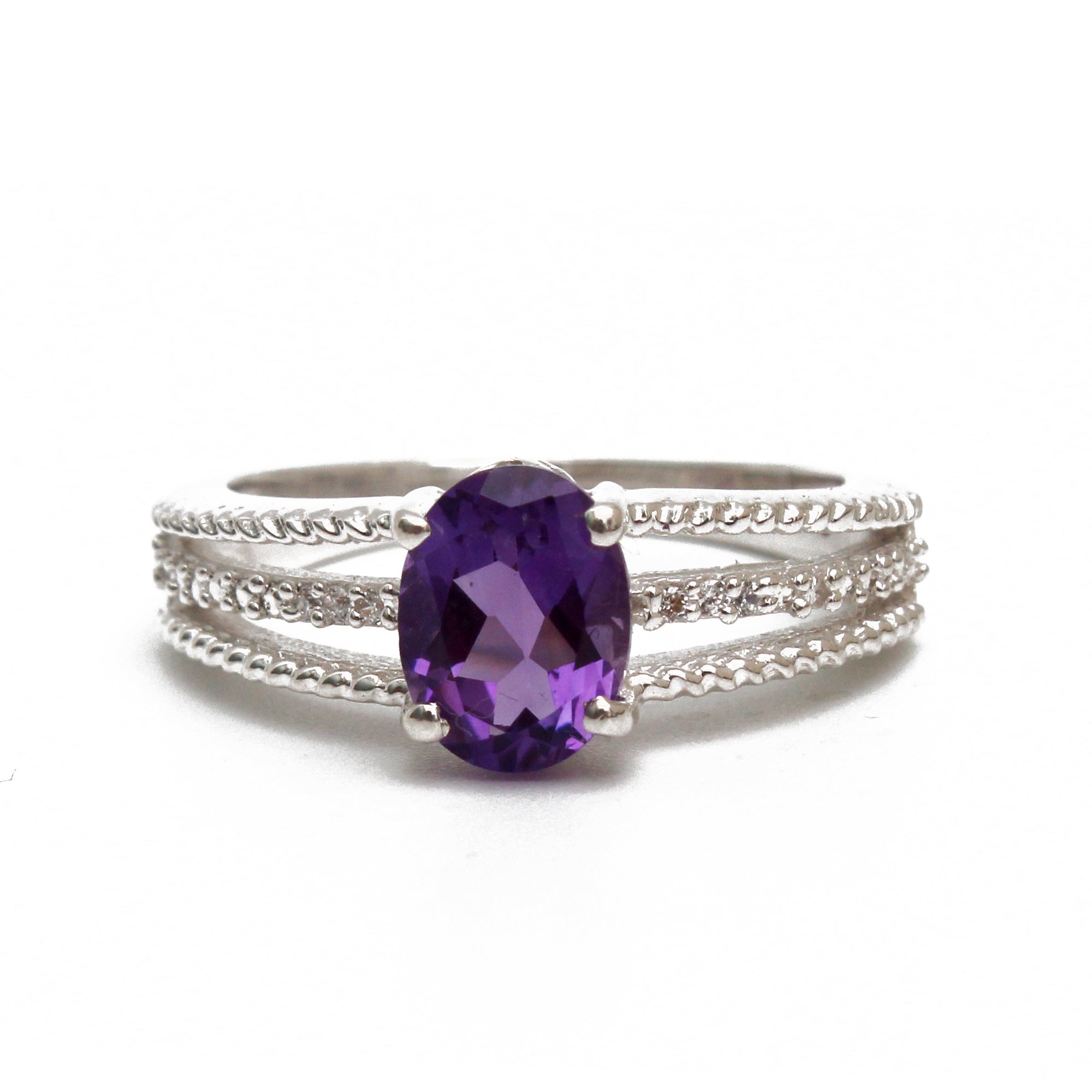 925 Sterling Silver Oval Amethyst Ring – Triple Band Design with CZ Detailing