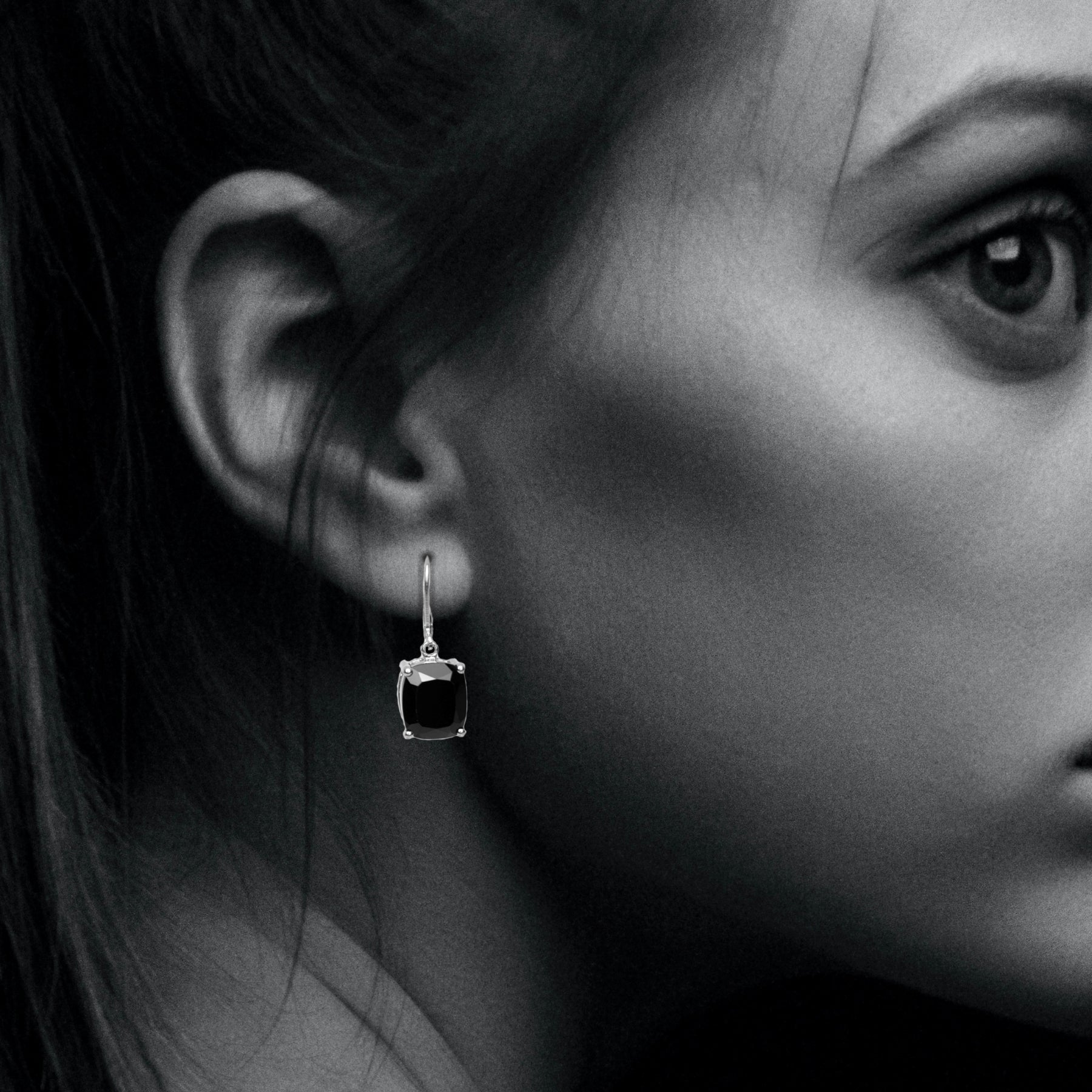 Black Spinel Cushion Drop Earring