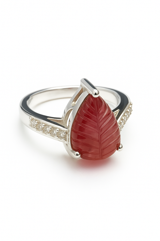 Natural Red Tourmaline Leaf Carving Ring