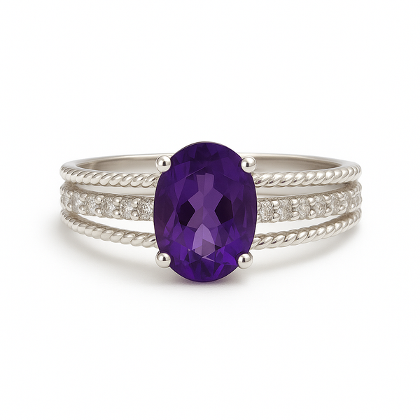 925 Sterling Silver Oval Amethyst Ring – Triple Band Design with CZ Detailing