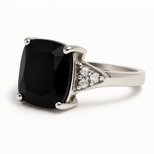 Black Spinel and White Topaz Ring