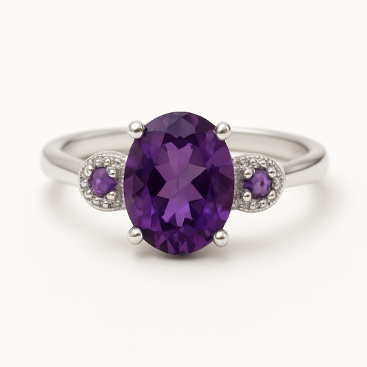 Stunning Amethyst Silver Ring Oval-Round Stone
