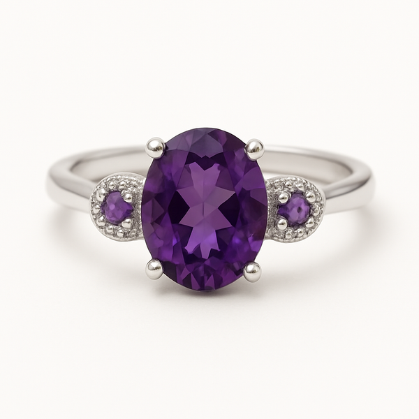 Stunning Amethyst Silver Ring Oval-Round Stone