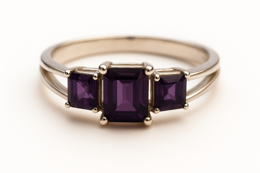 925 Sterling Silver Three-Stone Amethyst Ring
