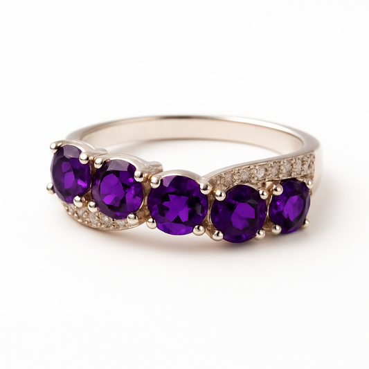 925 Sterling Silver Round-Stone Amethyst Exquisite Ring