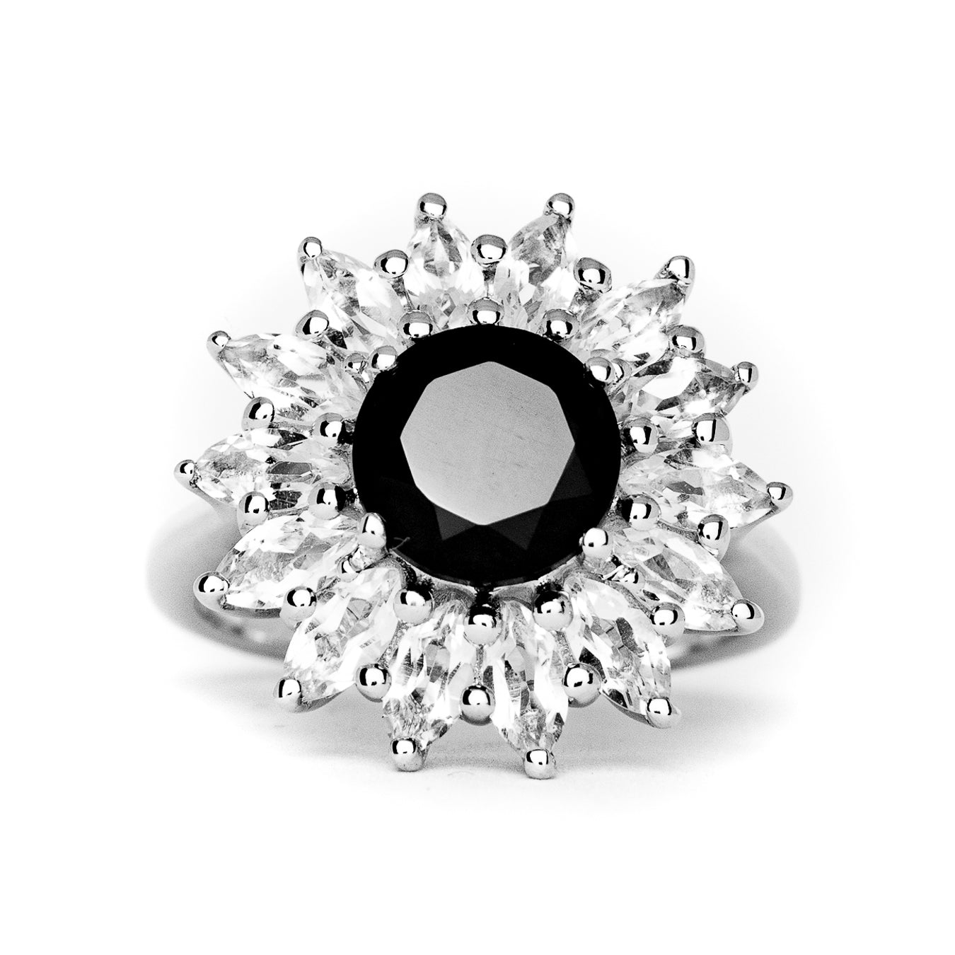 Black Spinel and White Topaz Ring