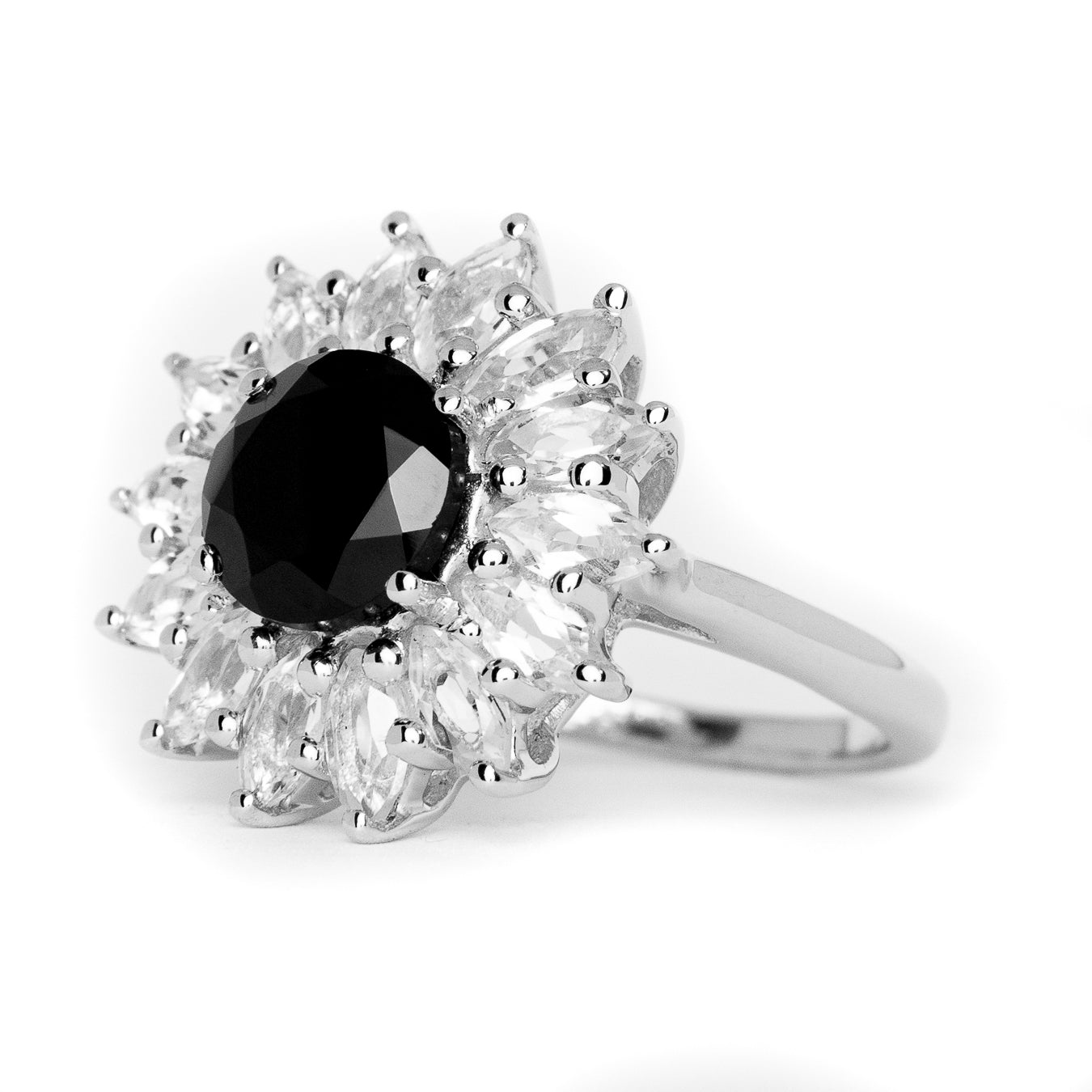 Black Spinel and White Topaz Ring