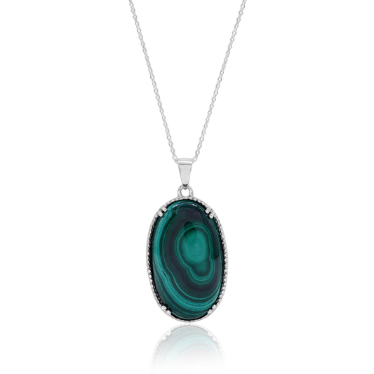 925 Sterling Silver Natural Green Malachite Pendant With Chain