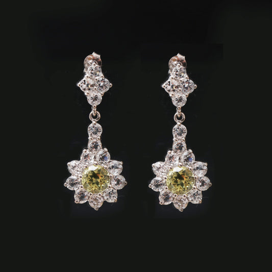 Golden Beryl and White Topaz Floral Dangle Earrings